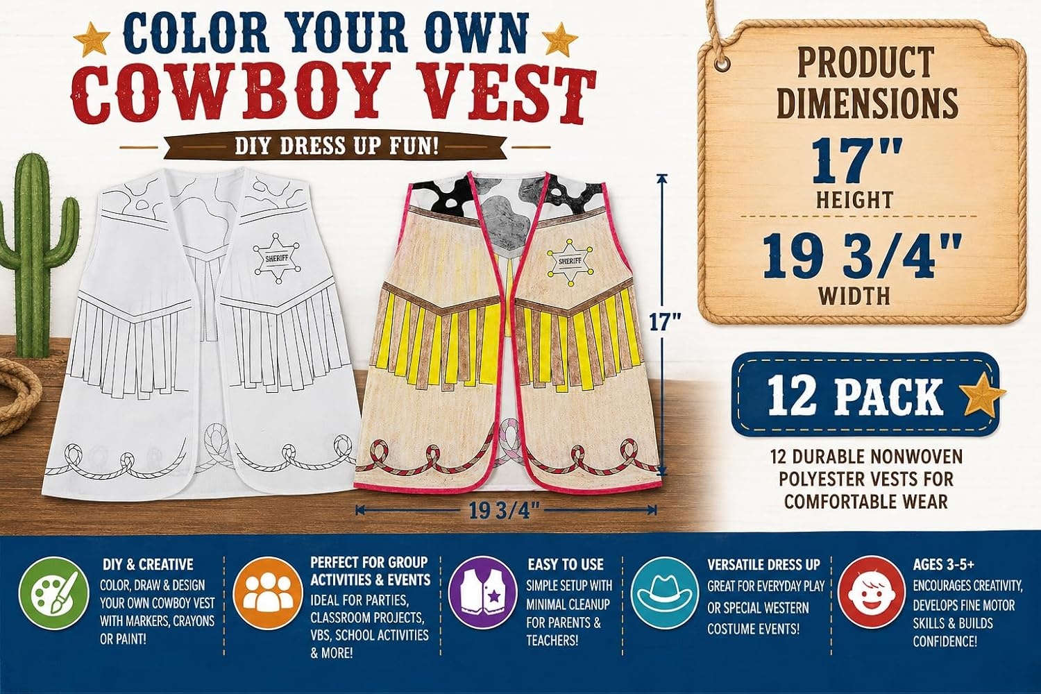 image:imageFun Express Cowboy Vest Kids Color Your Own Western Outfit DIY Dress Up for Boys Girls amp Toddler Costumes Ages 35 Cowboy Accessories for VBS Parties amp School Activity Creative Play 12 Pack