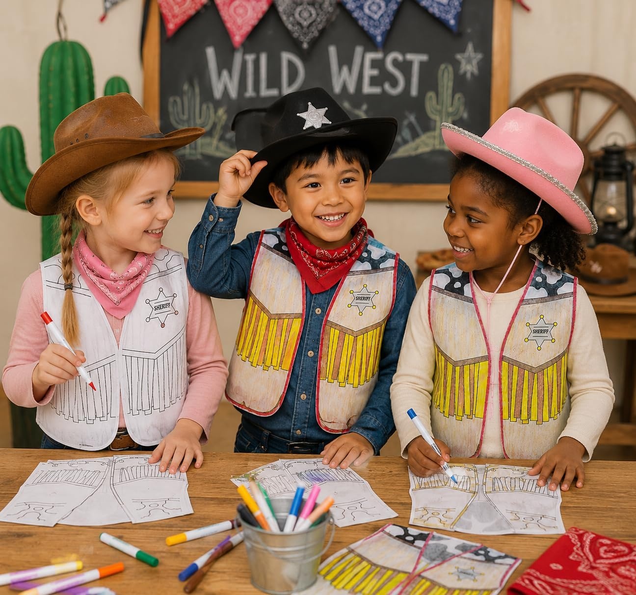 image:imageFun Express Cowboy Vest Kids Color Your Own Western Outfit DIY Dress Up for Boys Girls amp Toddler Costumes Ages 35 Cowboy Accessories for VBS Parties amp School Activity Creative Play 12 Pack