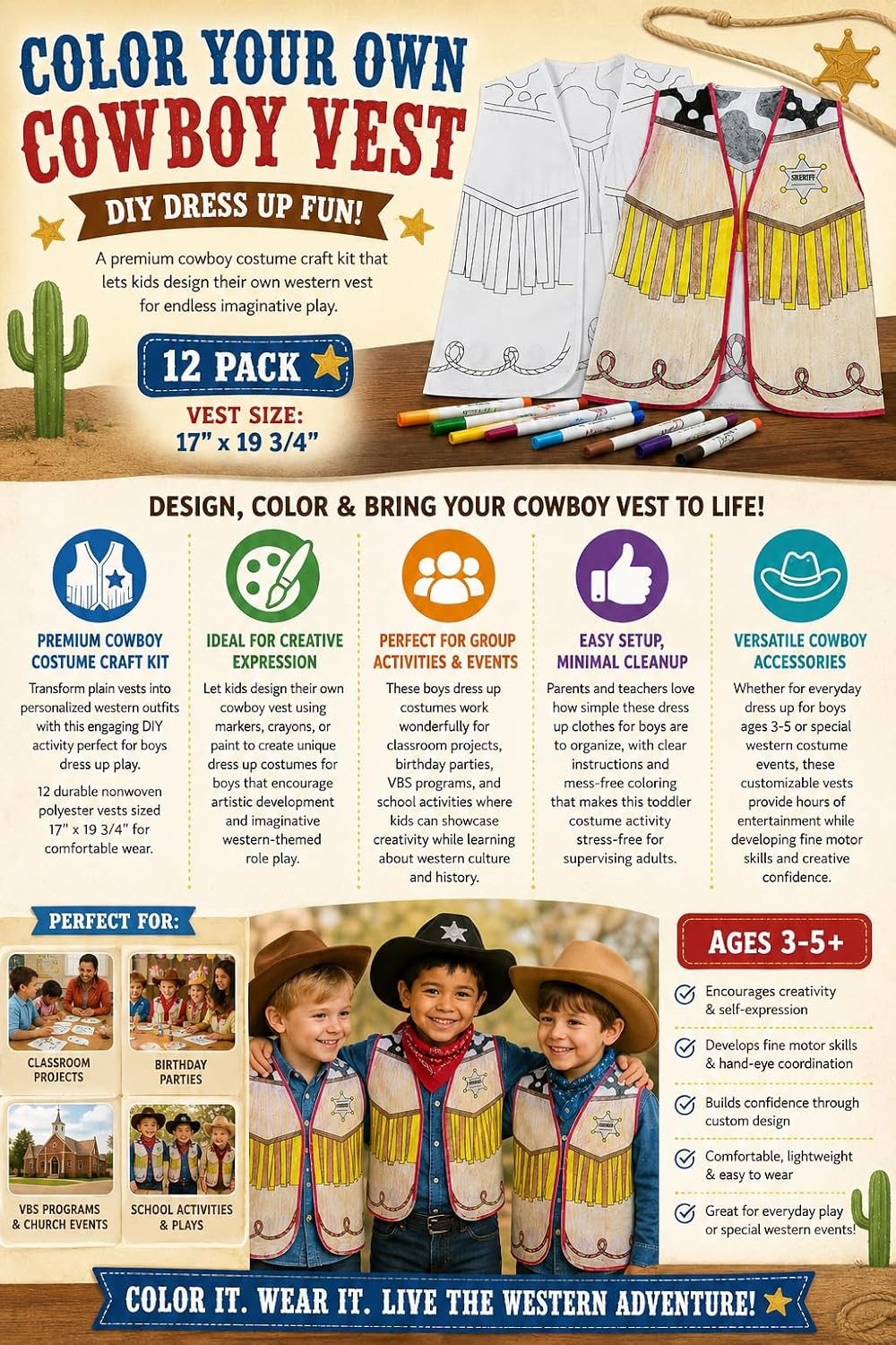 image:imageFun Express Cowboy Vest Kids Color Your Own Western Outfit DIY Dress Up for Boys Girls amp Toddler Costumes Ages 35 Cowboy Accessories for VBS Parties amp School Activity Creative Play 12 Pack