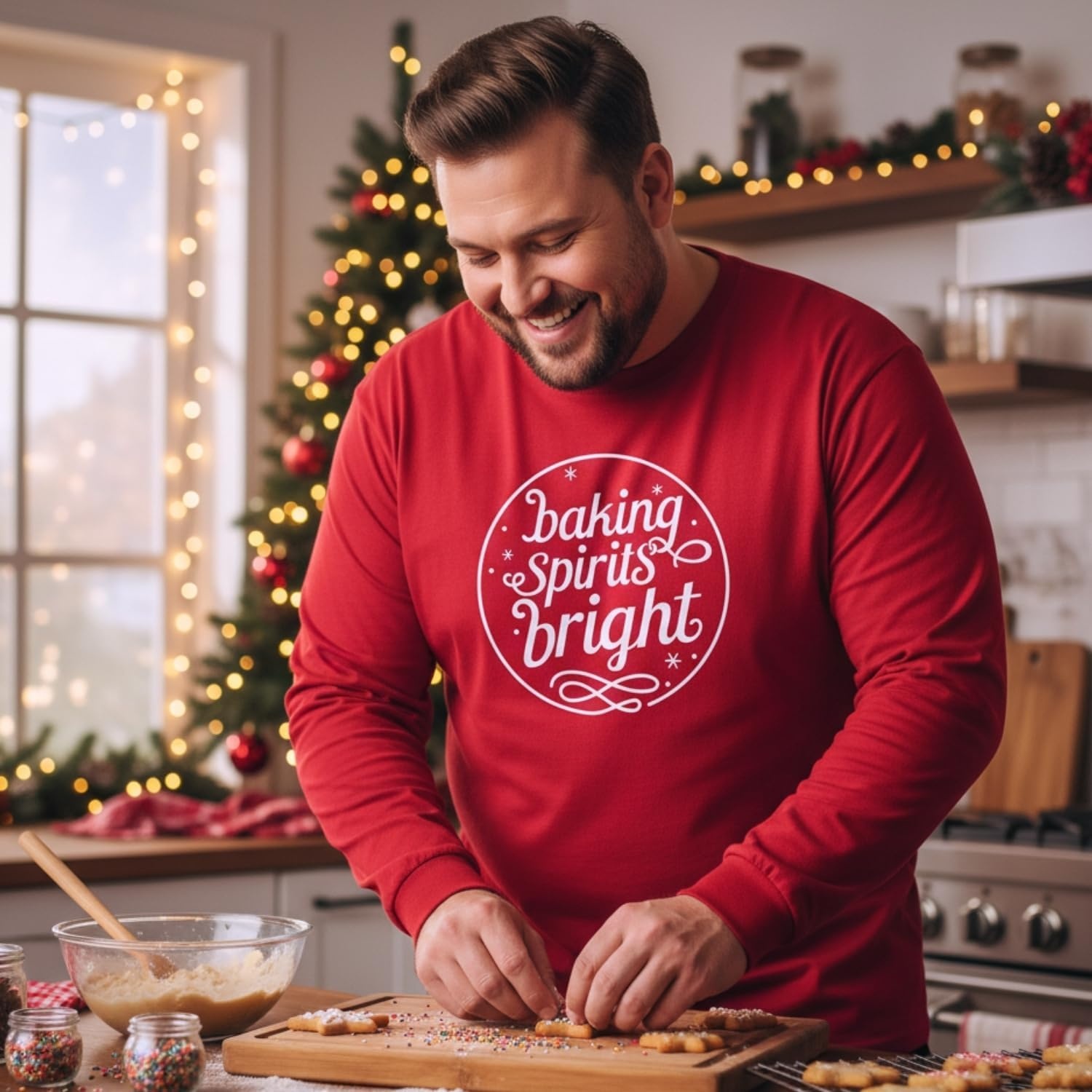 image:imageFun Express Unisex Adult Baking Spirits Bright LongSleeve Christmas TShirtRed