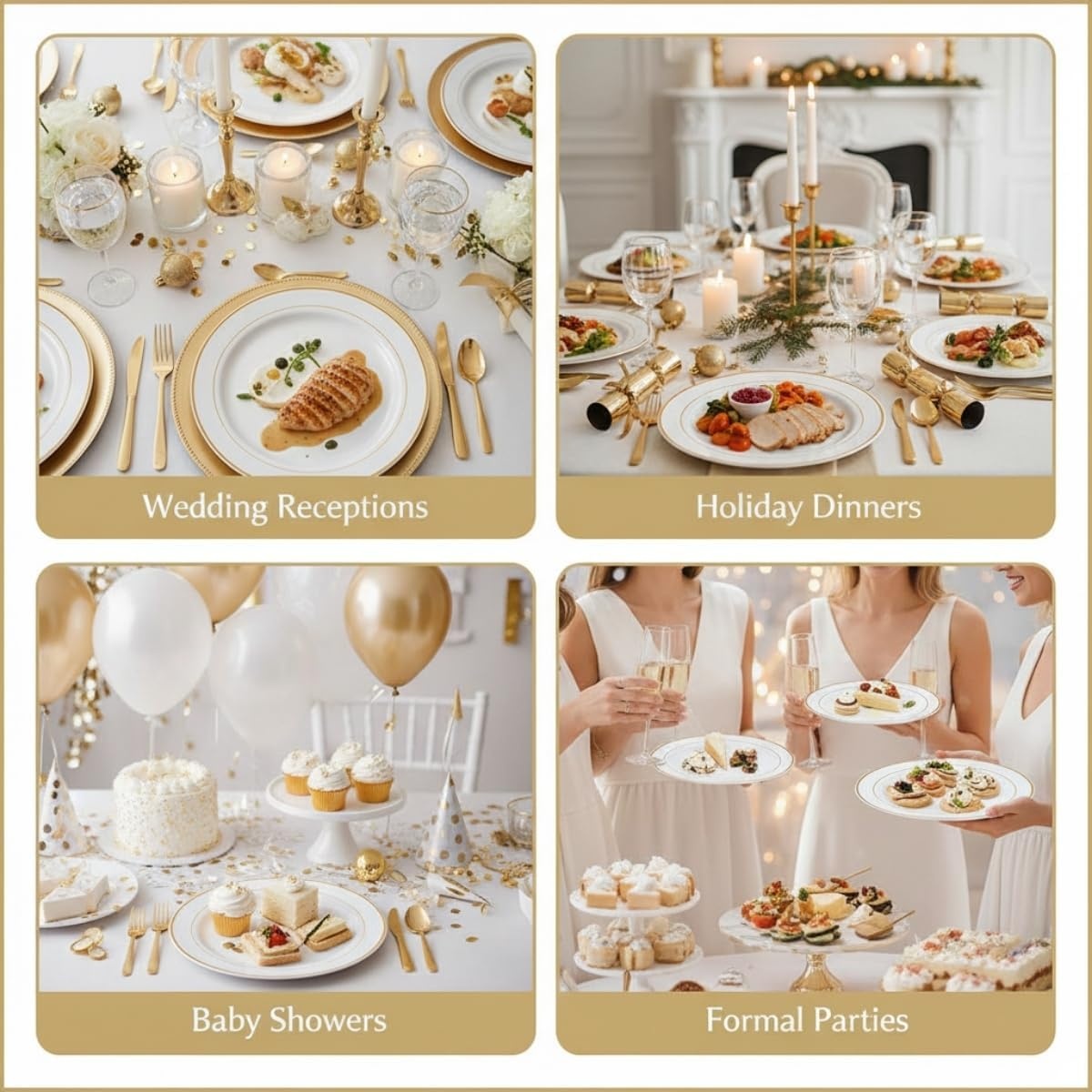 image:imageFun Express White Plastic Dinner Plates with Gold Trim Plastic Disposable Dessert Plates Tableware Decorations for Birthday Wedding Christmas Holiday Baby Shower Party Supplies 25 Pieces