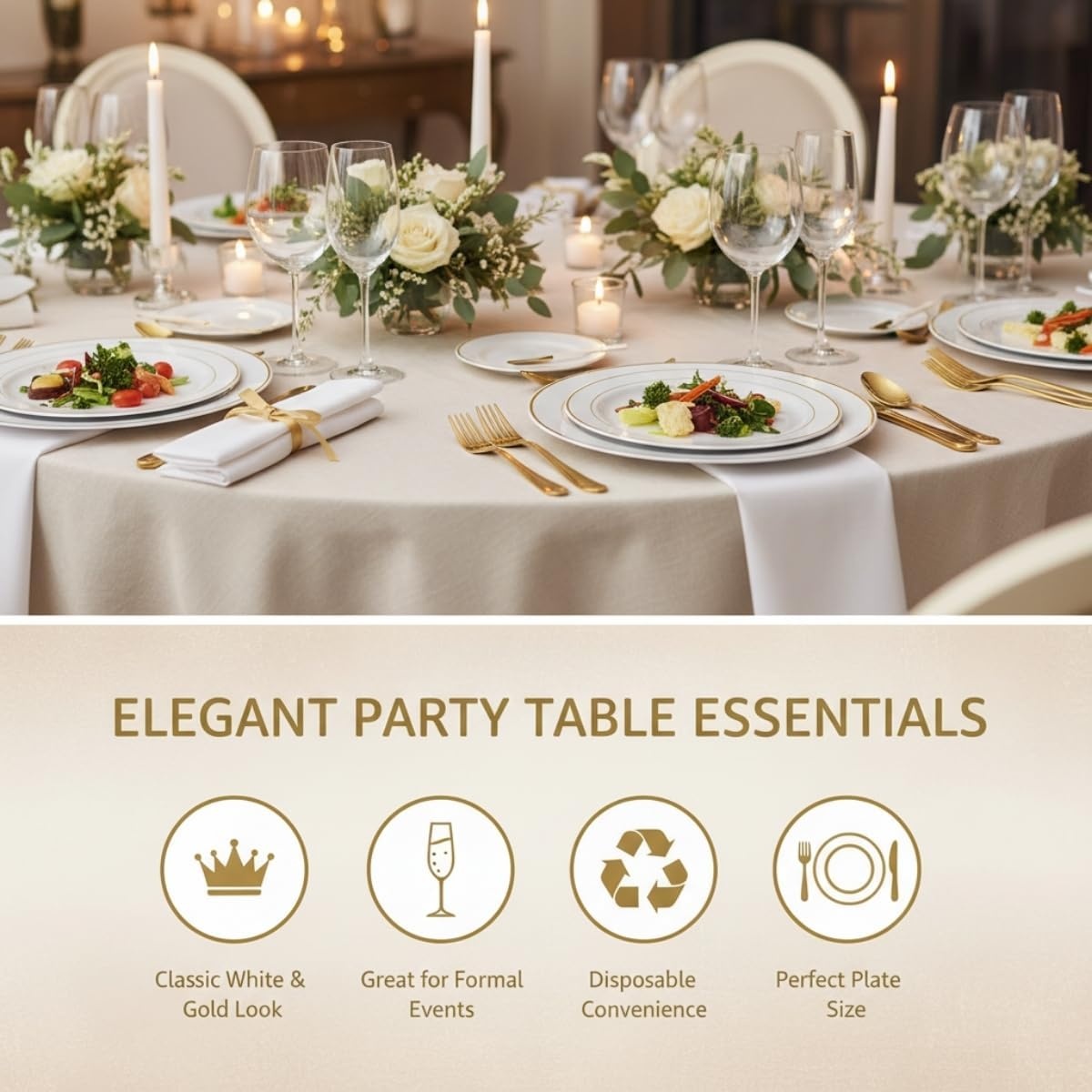 image:imageFun Express White Plastic Dinner Plates with Gold Trim Plastic Disposable Dessert Plates Tableware Decorations for Birthday Wedding Christmas Holiday Baby Shower Party Supplies 25 Pieces