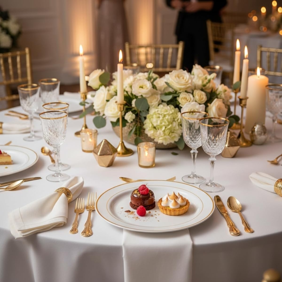 image:imageFun Express White Plastic Dinner Plates with Gold Trim Plastic Disposable Dessert Plates Tableware Decorations for Birthday Wedding Christmas Holiday Baby Shower Party Supplies 25 Pieces