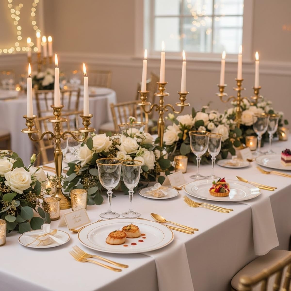 image:imageFun Express White Plastic Dinner Plates with Gold Trim Plastic Disposable Dessert Plates Tableware Decorations for Birthday Wedding Christmas Holiday Baby Shower Party Supplies 25 Pieces