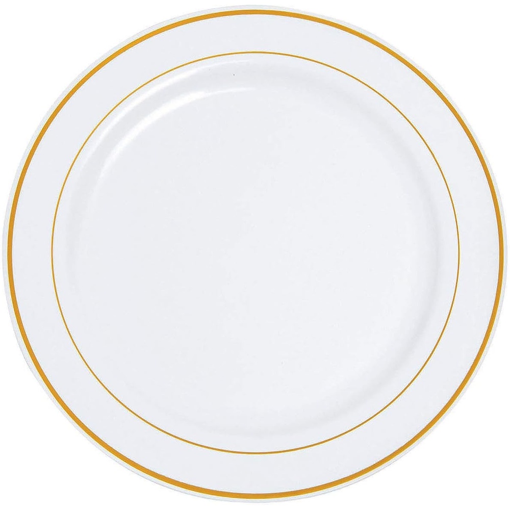 image:imageFun Express White Plastic Dinner Plates with Gold Edging Plastic Disposable Dessert Plates Tableware Decorations for Birthday Wedding Christmas Holiday Baby Shower Party Supplies 75 Pieces