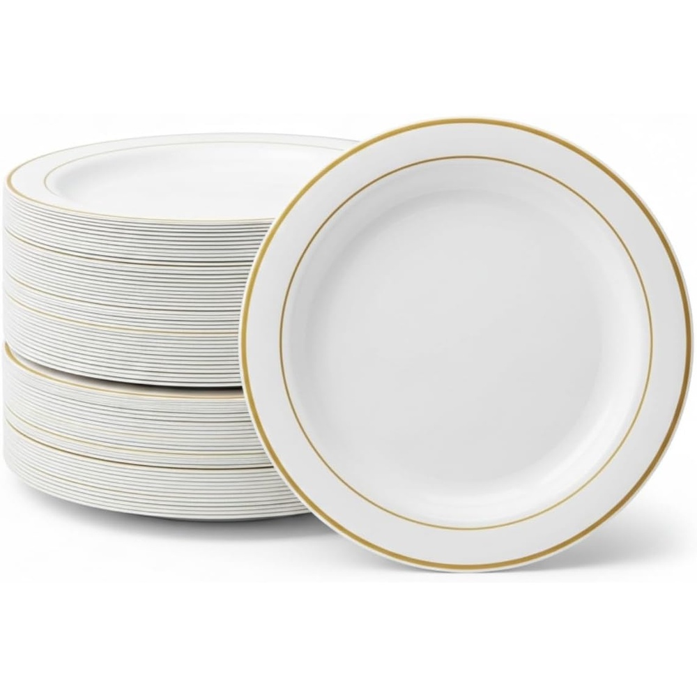image:imageFun Express White Plastic Dinner Plates with Gold Trim Plastic Disposable Dessert Plates Tableware Decorations for Birthday Wedding Christmas Holiday Baby Shower Party Supplies 25 Pieces