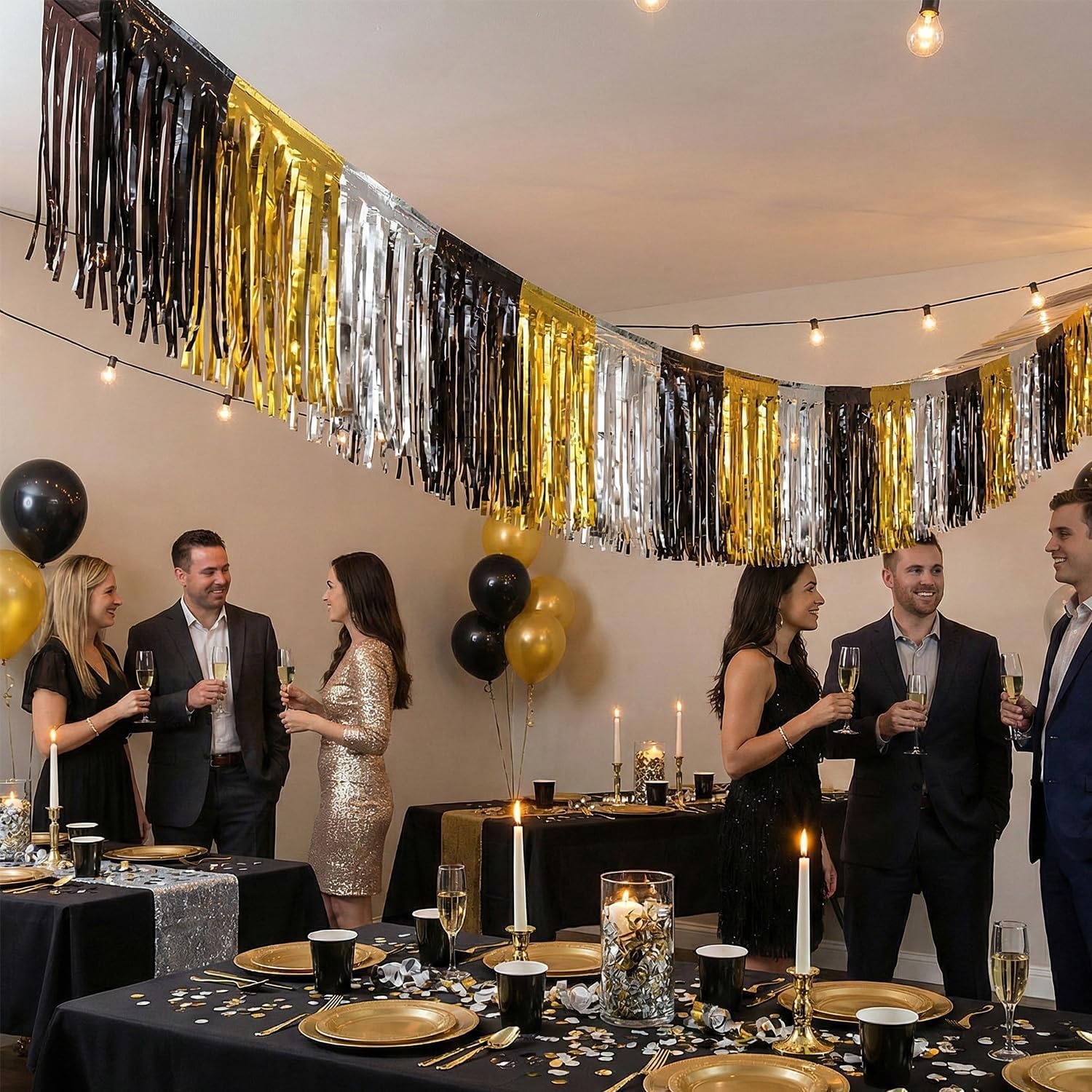 image:imageFun Express 12 Ft Metallic Black Silver and Gold Foil Ceiling Decoration for Celebrations Plastic New Years Eve Anniversaries