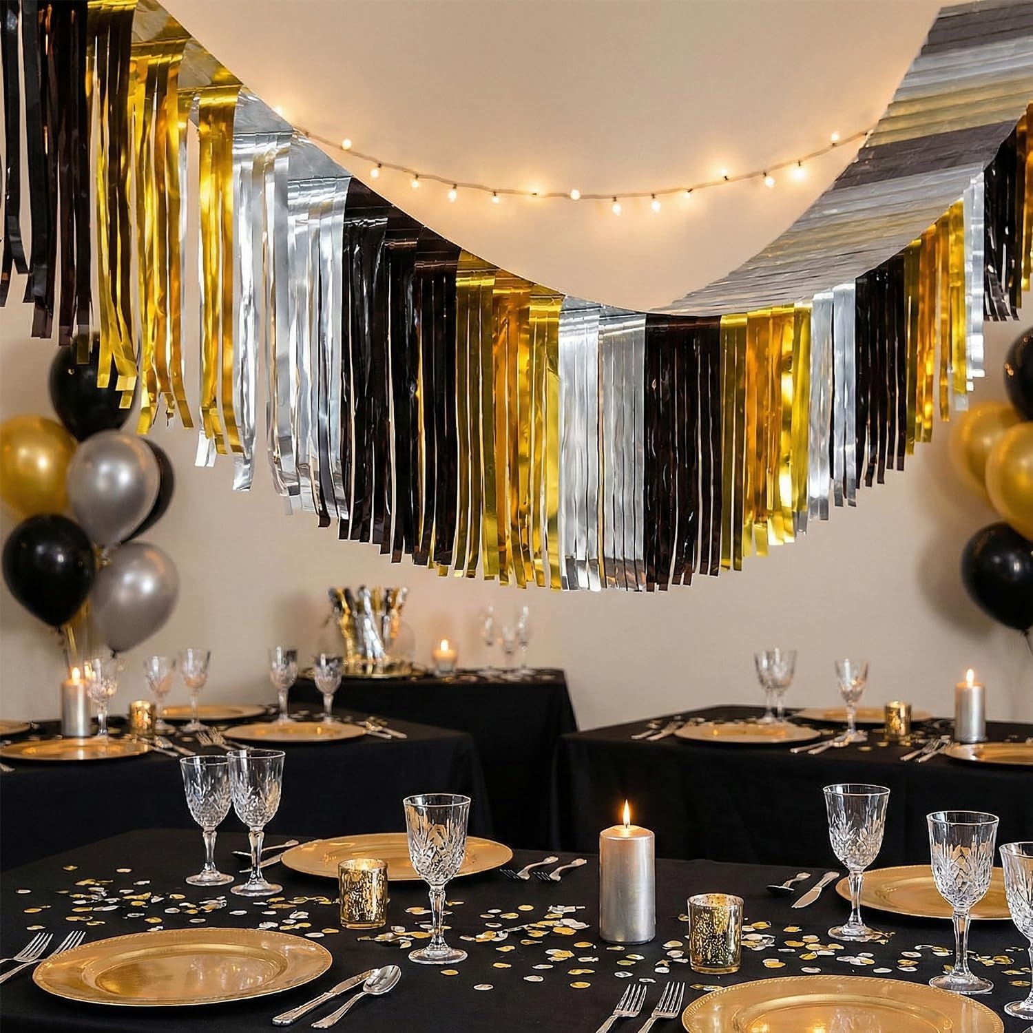 image:imageFun Express 12 Ft Metallic Black Silver and Gold Foil Ceiling Decoration for Celebrations Plastic New Years Eve Anniversaries