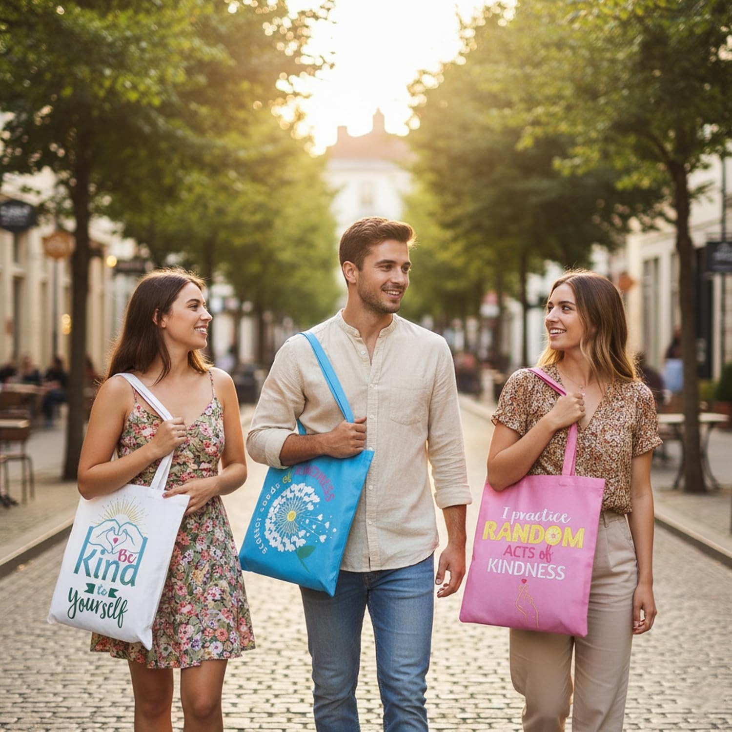 image:imageFun Express 15 x 17 Large Pink White amp Blue Kindness Nonwoven Tote Bags 12 Pieces