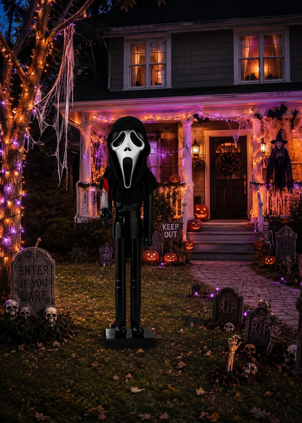 image:imageFun Express 5 Foot Ghost Face LifeSize Nutcracker Limited Edition Horror Collectible 60 Tall Wooden Statue with Fabric Robe amp Bloody Knife Official Halloween Movie Decor amp Haunted House Prop
