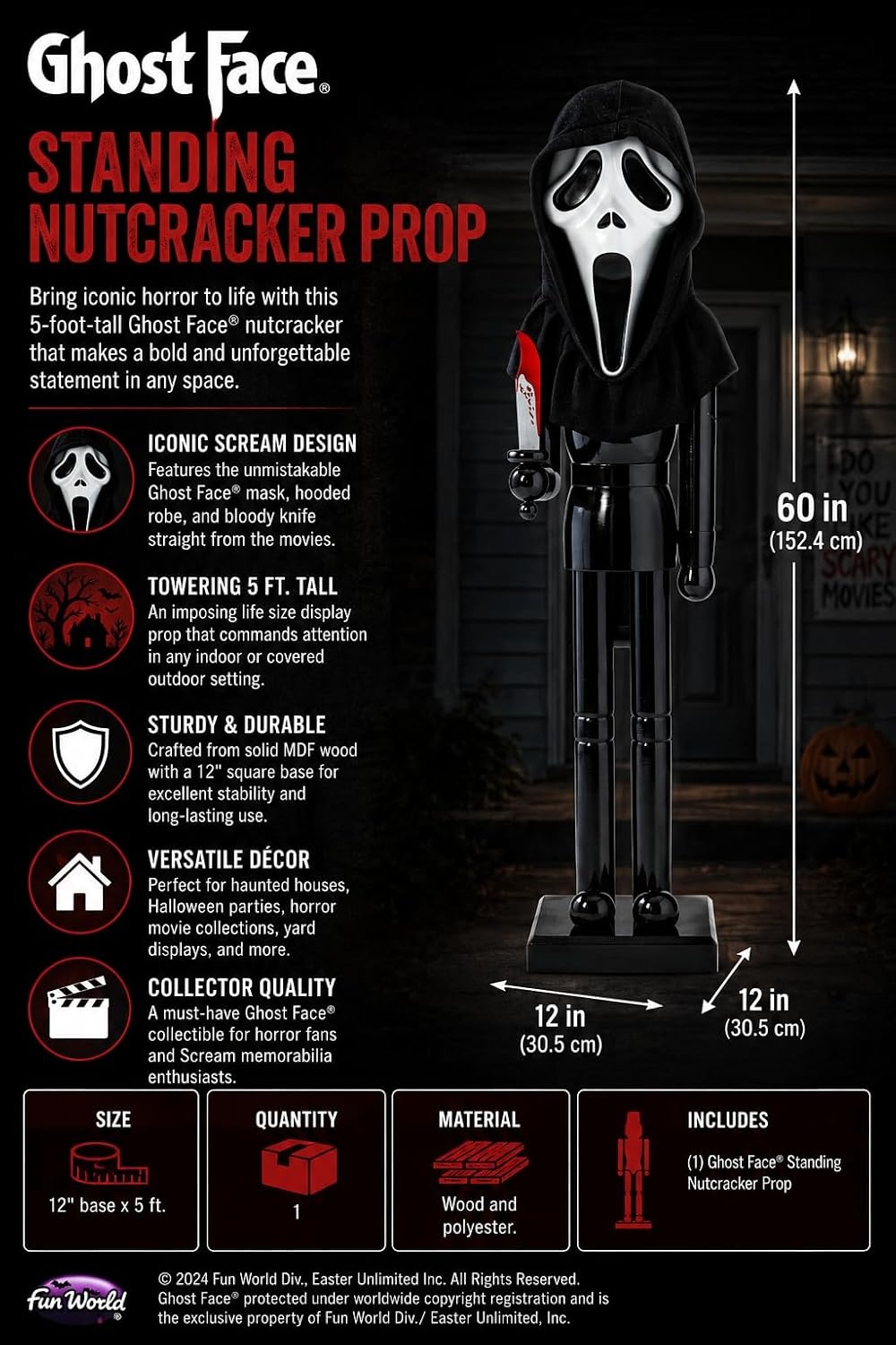 image:imageFun Express 5 Foot Ghost Face LifeSize Nutcracker Limited Edition Horror Collectible 60 Tall Wooden Statue with Fabric Robe amp Bloody Knife Official Halloween Movie Decor amp Haunted House Prop
