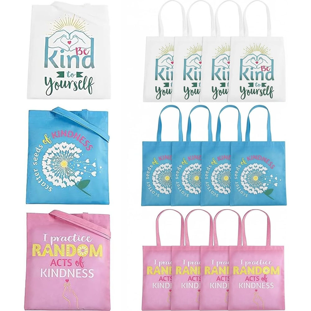 image:imageFun Express 15 x 17 Large Pink White amp Blue Kindness Nonwoven Tote Bags 12 Pieces