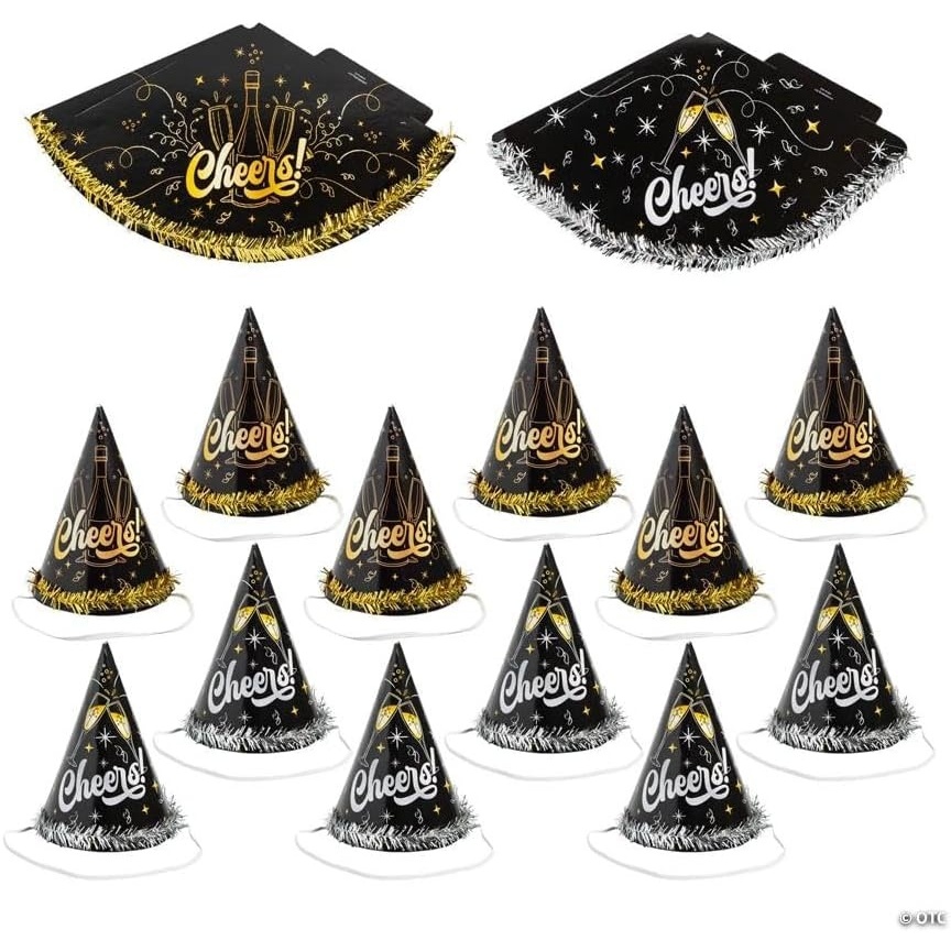 image:imageFun Express 6 12 New Years Eve Cheers Cone Paper Party Hats with Metallic Foil Fringe  12 Pieces