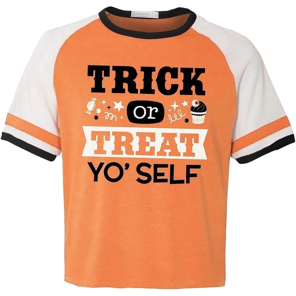 image:imageFun Express TrickorTreat Yoself Adult TShirt Medium Orange Short Sleeve Contrast Ringer Binding Comfy CottonPoly Blend Tearaway Tag 3XL