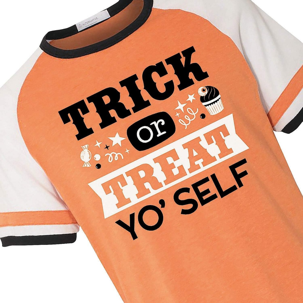 image:imageFun Express TrickorTreat Yoself Adult TShirt Medium Orange Short Sleeve Contrast Ringer Binding Comfy CottonPoly Blend Tearaway Tag XL