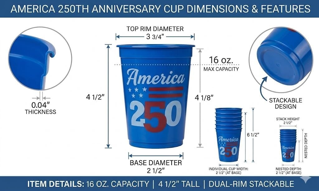 image:imageFun Express 16 oz 50 Count USA 250th Anniversary Red White and Blue USA Flag Design Premium Quality for 4th of July Party BBQ amp Summer Events