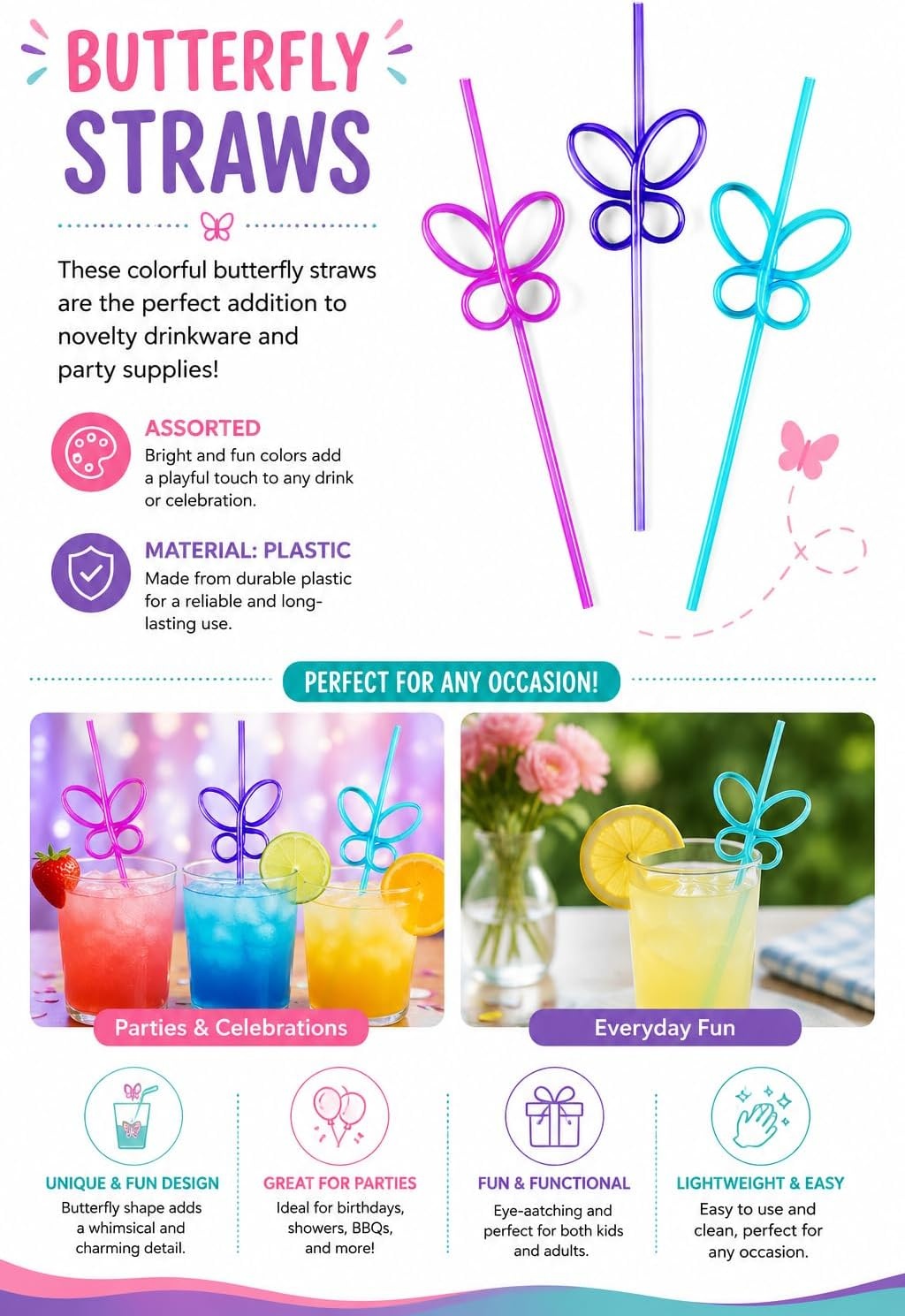 image:imageFun Express Bulk Set of 36 Pieces Butterfly Shaped Crazy Straws BPA Free Plastic Reusable for Party Supplies MultiColor