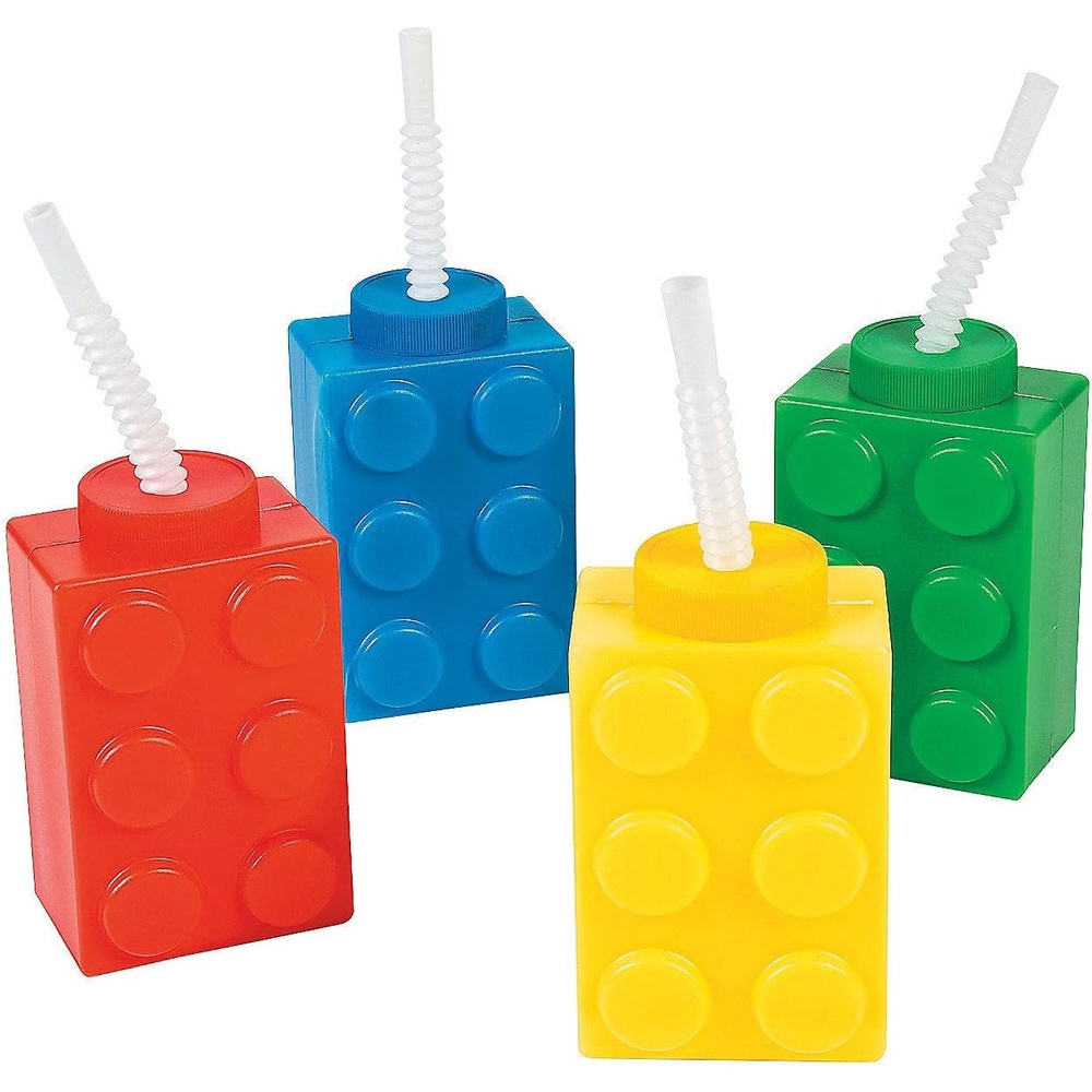image:imageFun Express Set of 8 Pieces Brick Block Party Cups with straws Holds 16 oz BPA Free Plastic Party Favor Supplies MultiColor