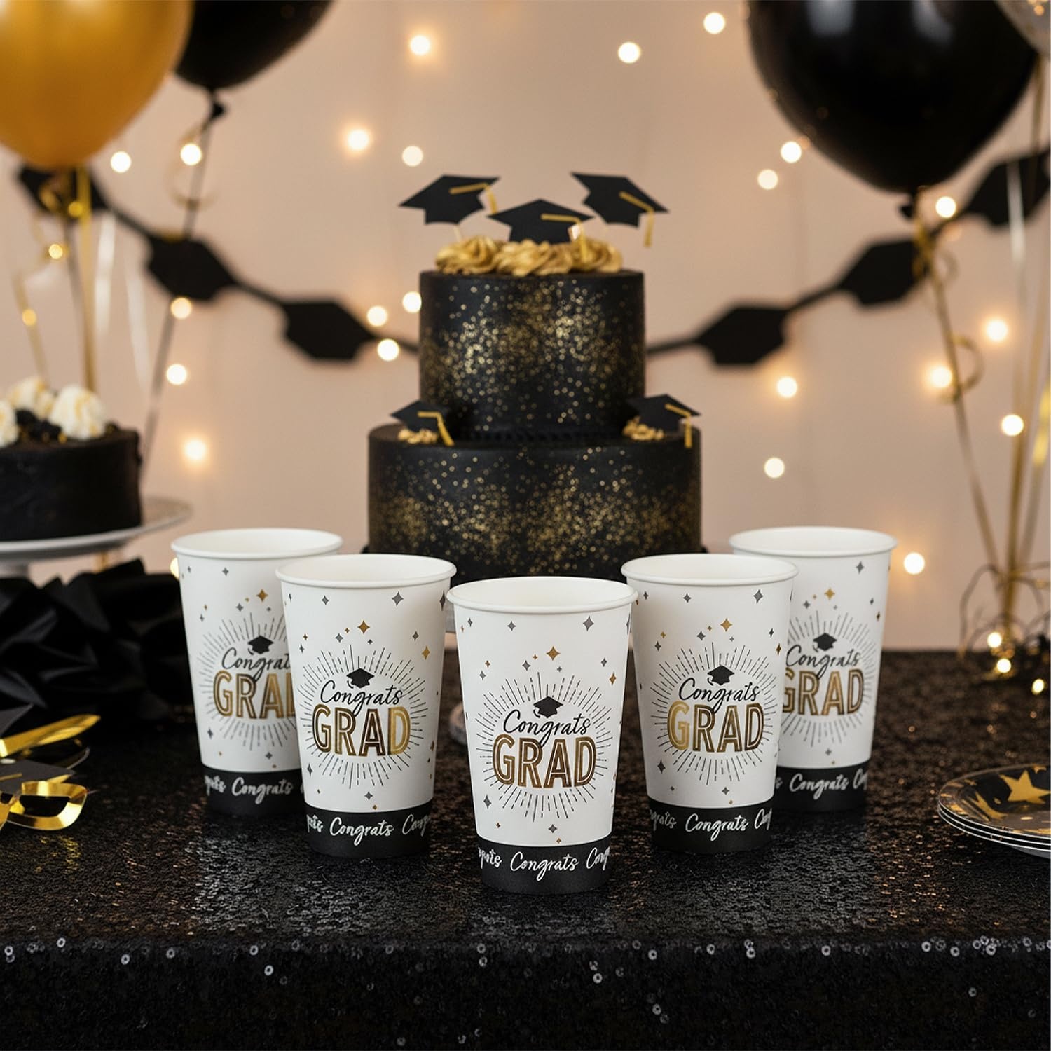 image:imageFun Express Black amp Gold Congrats Graduation Disposable Paper Cups 25 CountWhite