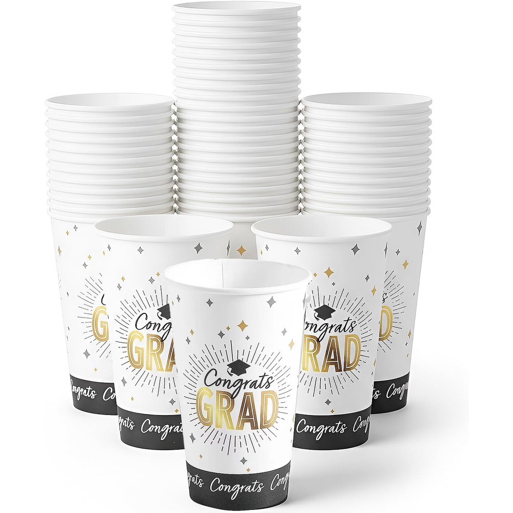 image:imageFun Express Black amp Gold Congrats Graduation Disposable Paper Cups  25 CountWhite