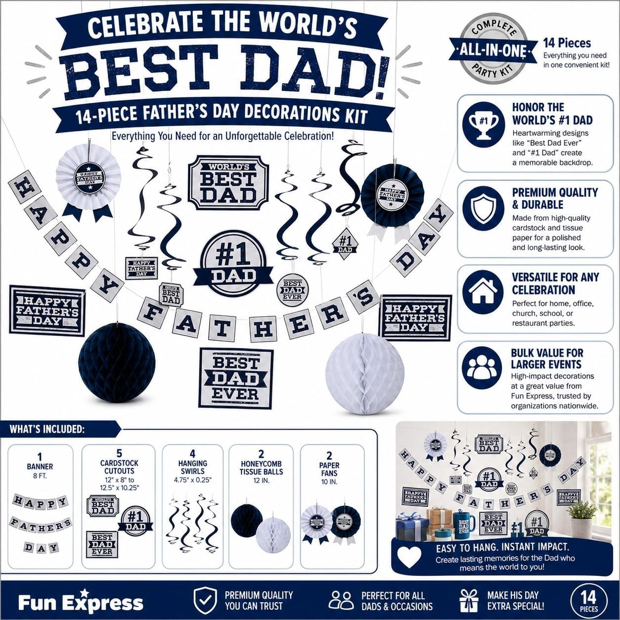 image:imageFun Express Best Dad Fathers Day Decorations Kit 14 Pcs AllinOne Party Supplies Set with Banner Hanging Swirls Honeycomb Tissue Balls amp Paper Fans Perfect for Worlds 1 Dad