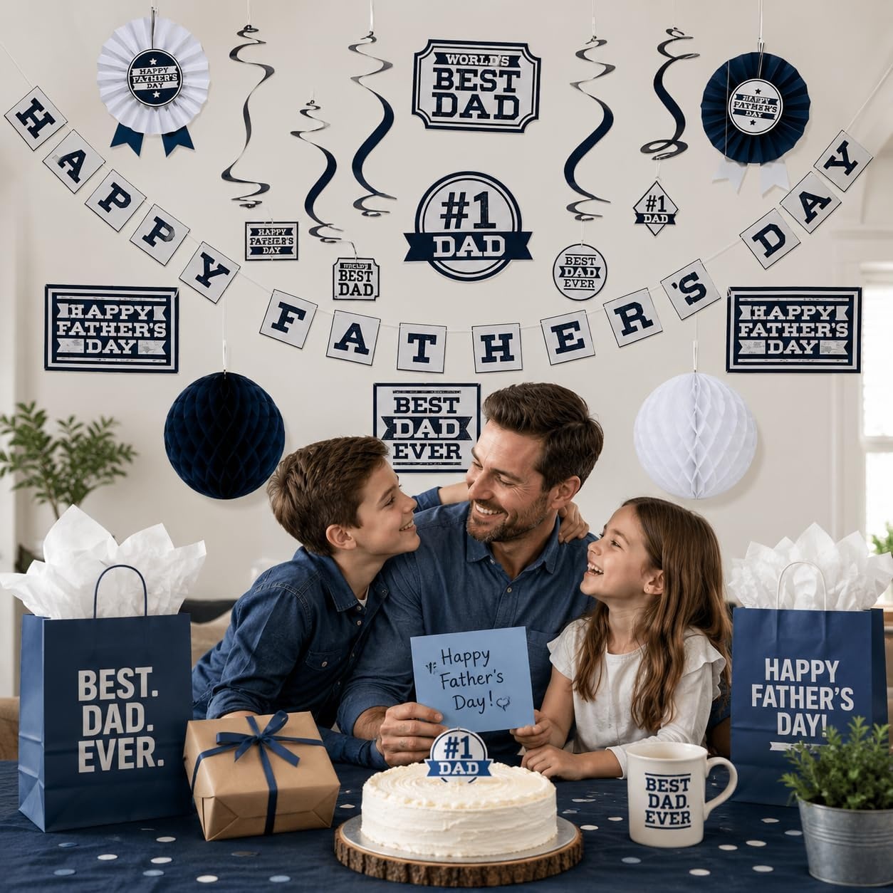image:imageFun Express Best Dad Fathers Day Decorations Kit 14 Pcs AllinOne Party Supplies Set with Banner Hanging Swirls Honeycomb Tissue Balls amp Paper Fans Perfect for Worlds 1 Dad