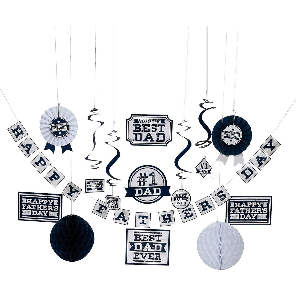 image:imageFun Express Best Dad Fathers Day Decorations Kit 14 Pcs AllinOne Party Supplies Set with Banner Hanging Swirls Honeycomb Tissue Balls amp Paper Fans Perfect for Worlds 1 Dad