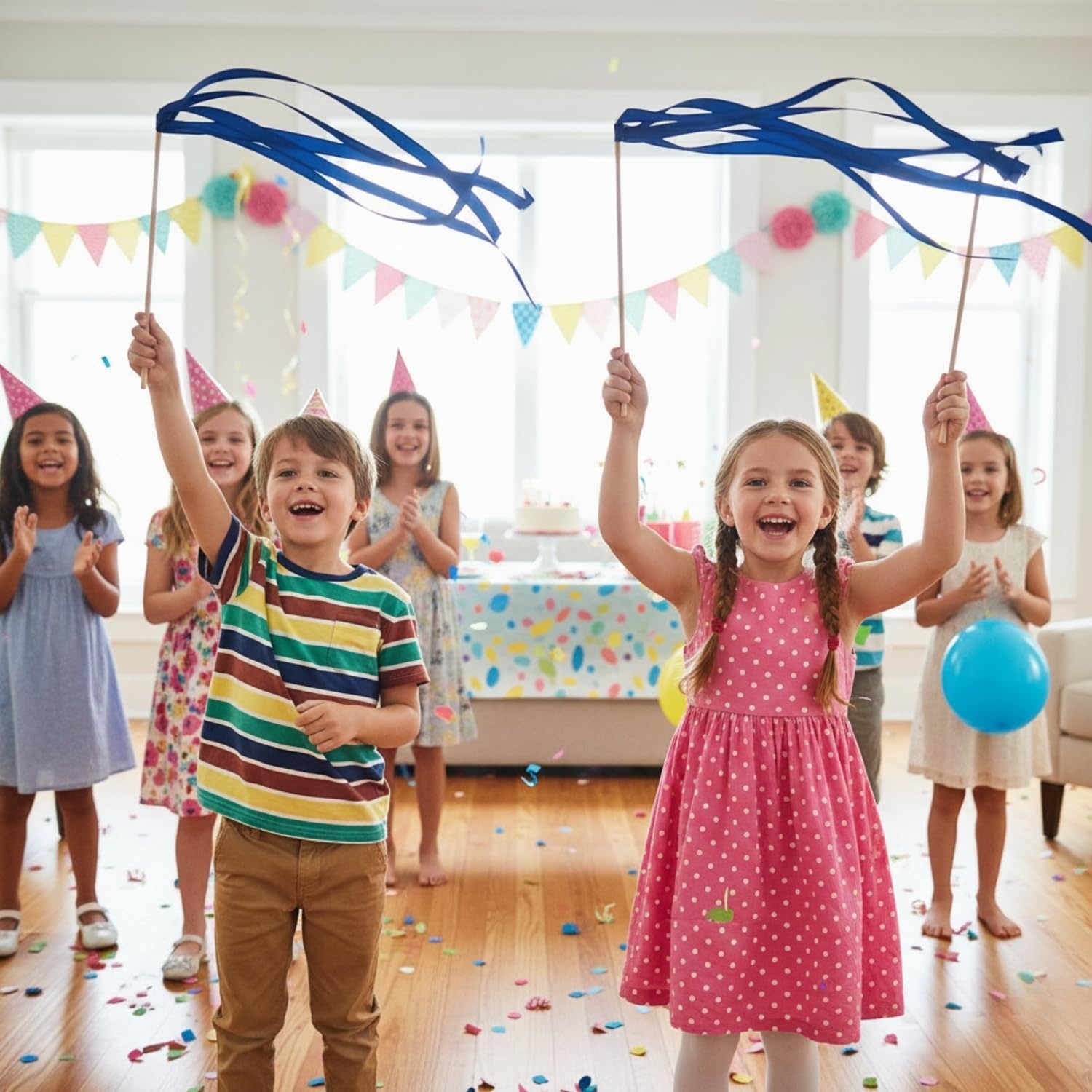image:imageBlue Ribbon Wands 24 Pack Streamer Sticks with 12 Inch Wooden Wands and 2 Ft Ribbons for Weddings Dance Performances Celebrations Parades Events