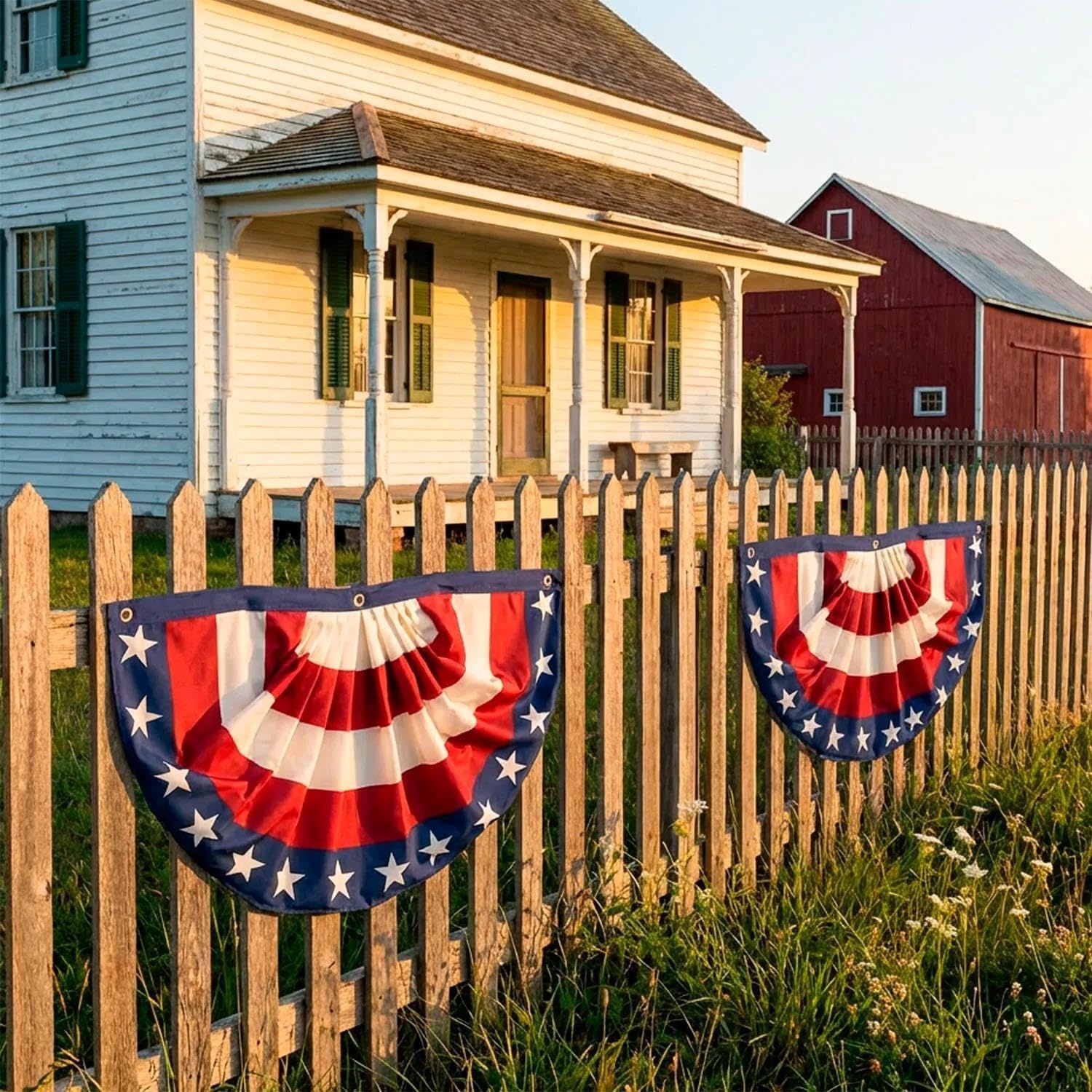 image:imageFun Express 4th of July decorations outdoor patriotic decorations red white and blue bunting flags 2 pack memorial day decorations americana decor for fence porch yard stars and stripes
