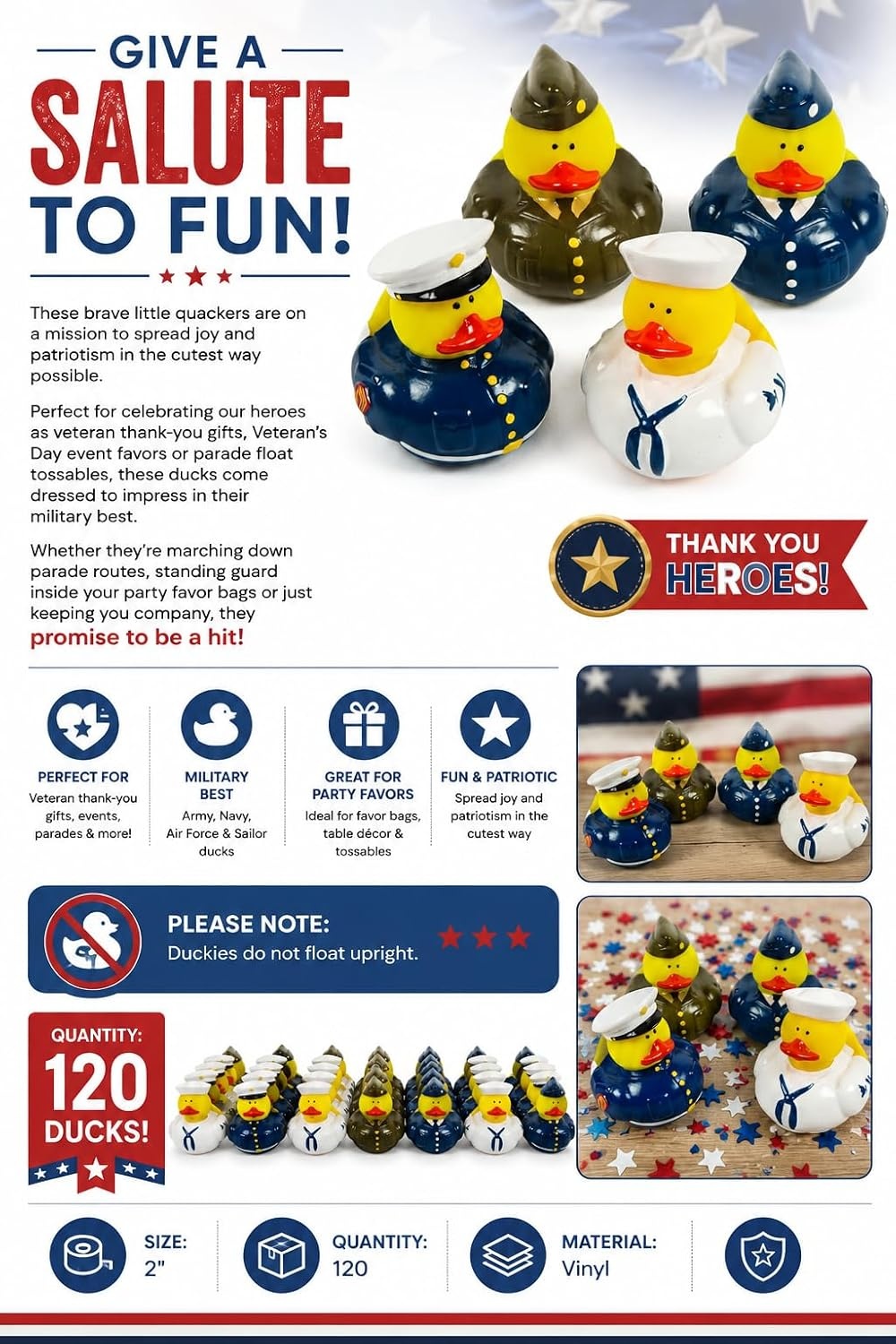 image:imageFun Express Armed Forces Rubber Ducks Bulk 120 Pc Vinyl 2 Inch Memorial Day 4th of July and Veterans Day Party Favors