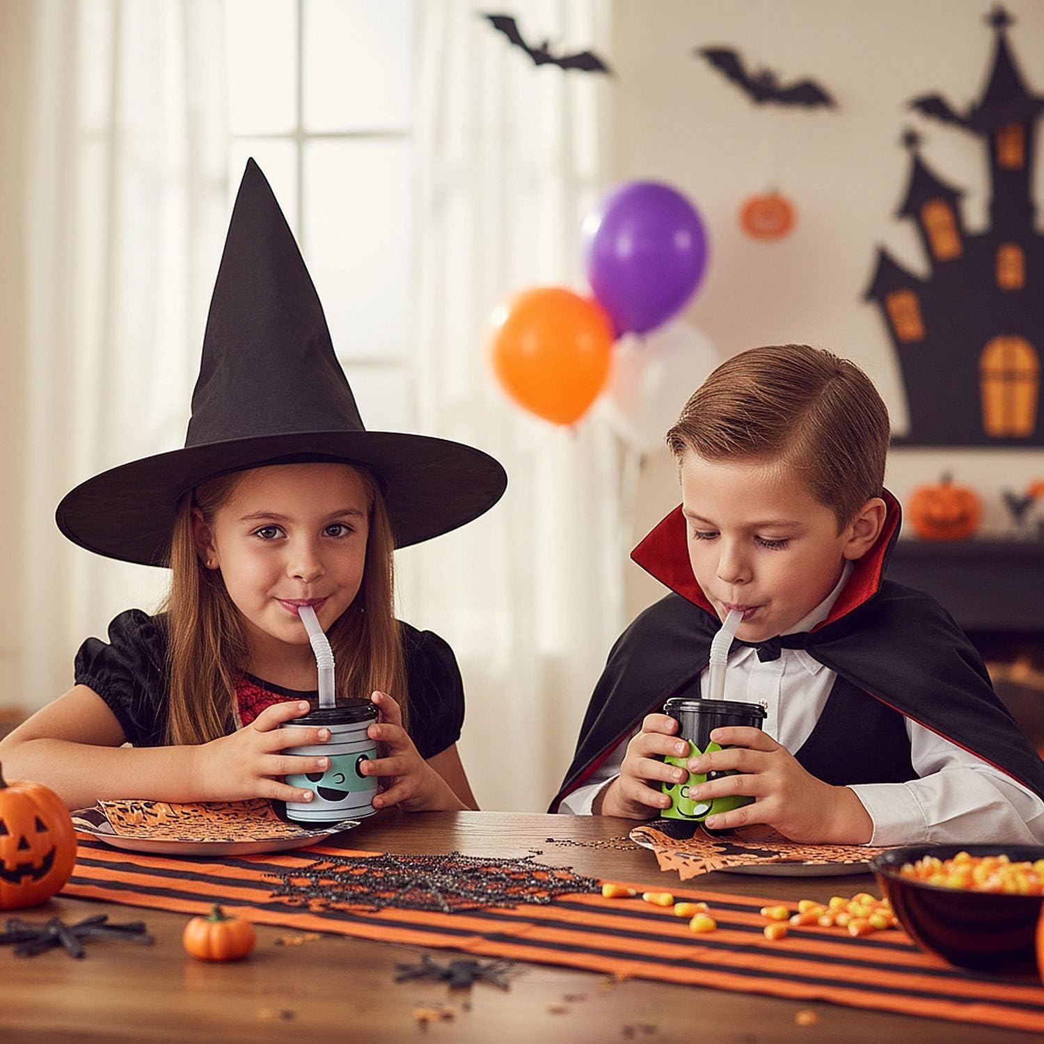 image:imageFun Express Reusable Halloween Cups with Lids and Straws 7 oz Plastic Cups for Kids 12 Pcs