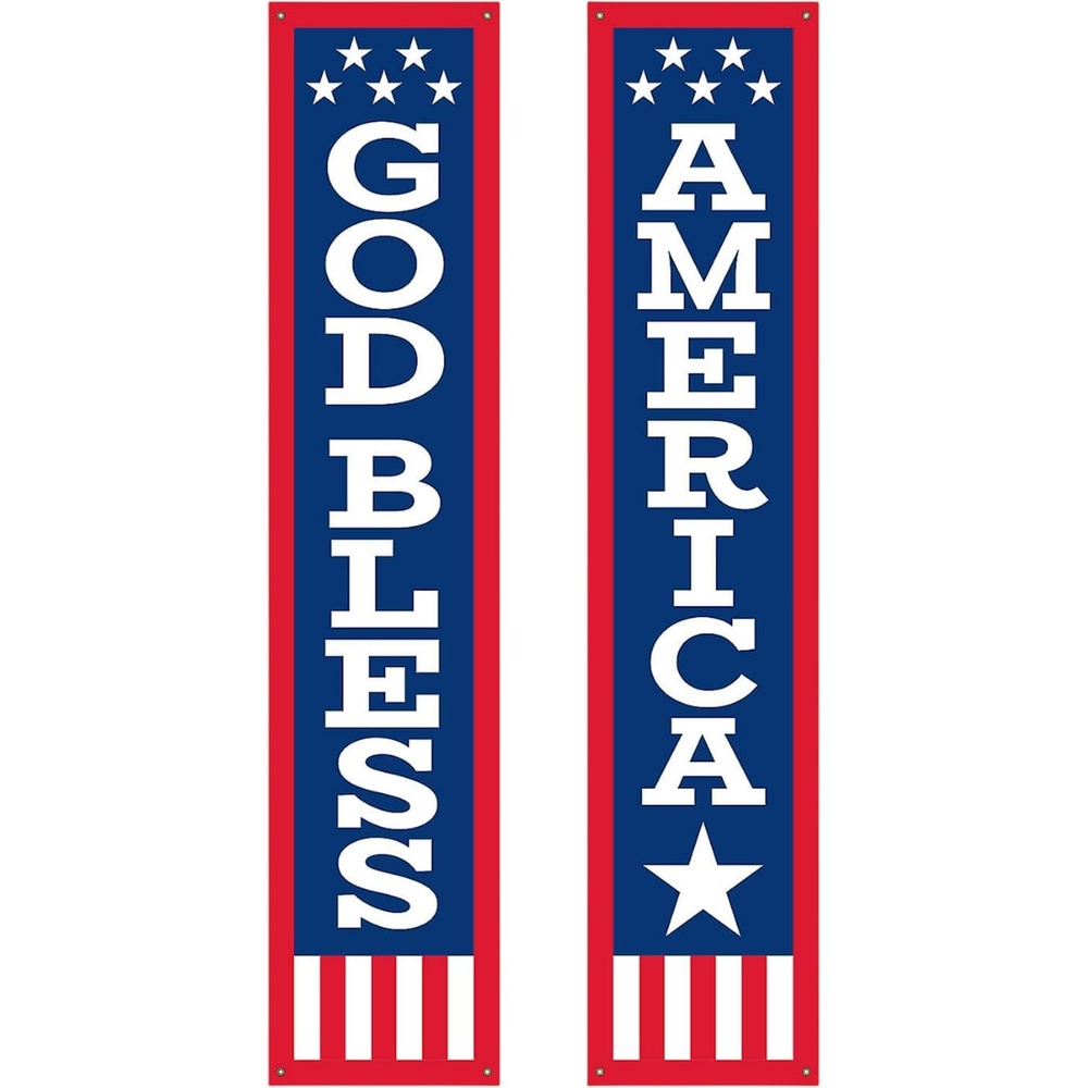 image:imageFun Express 4th of July God bless America Banner 2 Pack Red White and Blue patriotic bunting flags outdoor for porch decorations outdoor Memorial Day decorations americana decor for fence