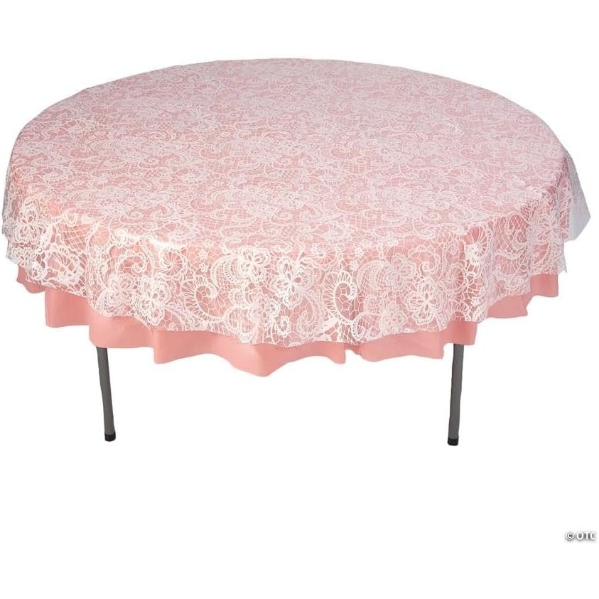 image:imageFun Express White LacePrinted amp Dusty Rose Round Disposable Plastic Tablecloth Kit 2 Pieces