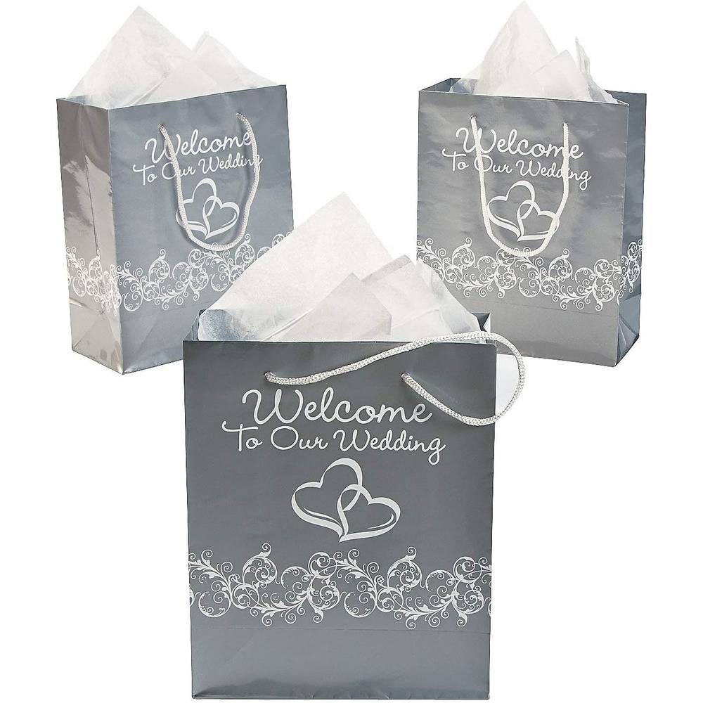 image:imageTwo Hearts Welcome To Our Wedding Gift Bags 12 Pack Silver