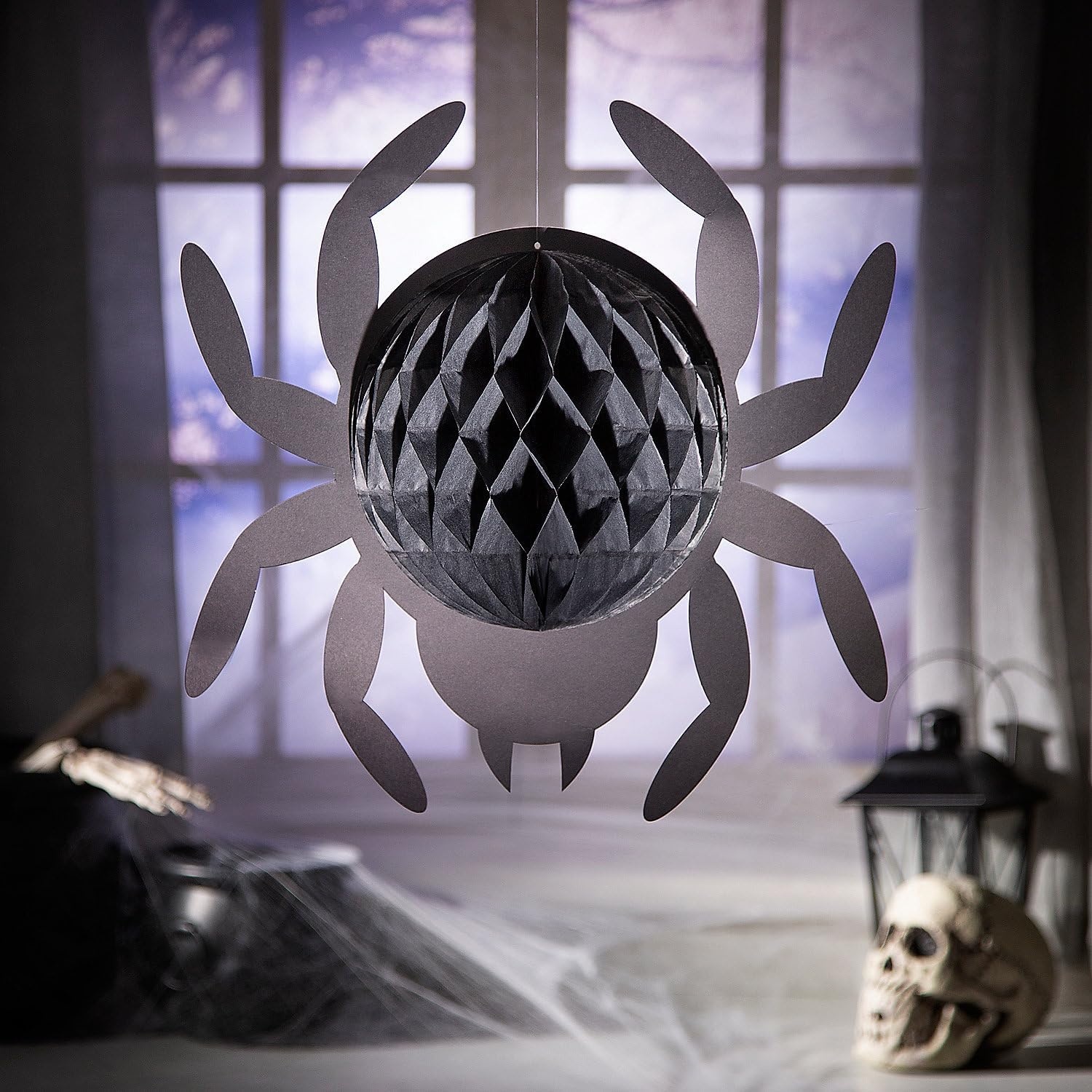 image:imageFun Express 16 Large Black Hanging Honeycomb Tissue Paper Spiders 4 Piece