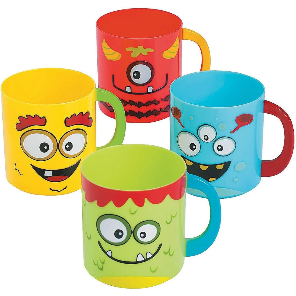 image:imageFun Express 12 Pieces Mini Monster Plastic Mug Cups Each holds 8 oz BPA Free Plastic Birthday Party Supplies MultiColor