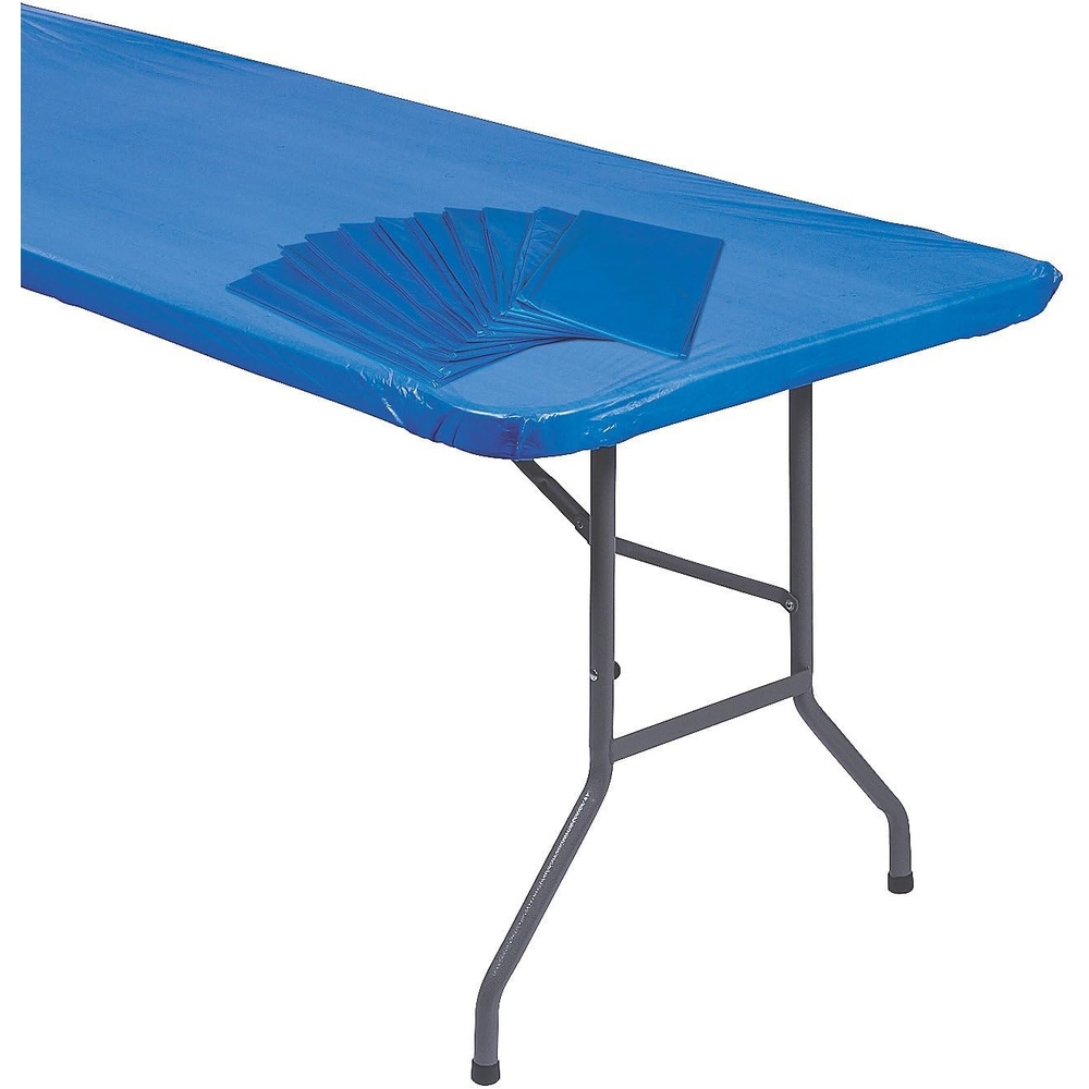 image:imageFun Express 8 Ft Royal Blue Fitted Plastic Tablecloths Bulk 12 Pc