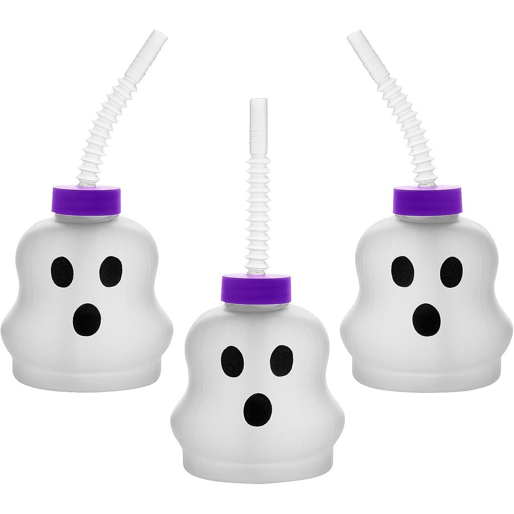 image:imageFun Express GhostShaped Frosted Reusable Plastic Cups with Lids amp Straws 12 Ct
