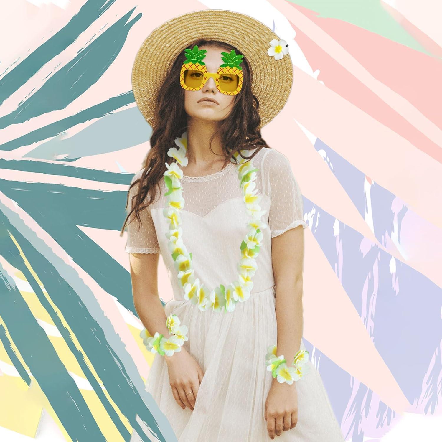 image6 Pices Accessoires Tenue Hawaienne Femme Deguisement Hawaenne Femme Collier Fleurs Hawaien Bracelets Lunettes de Soleil Bandeau Boucles doreilles pour Fte Hawai Tropicale Luau6 Pcs