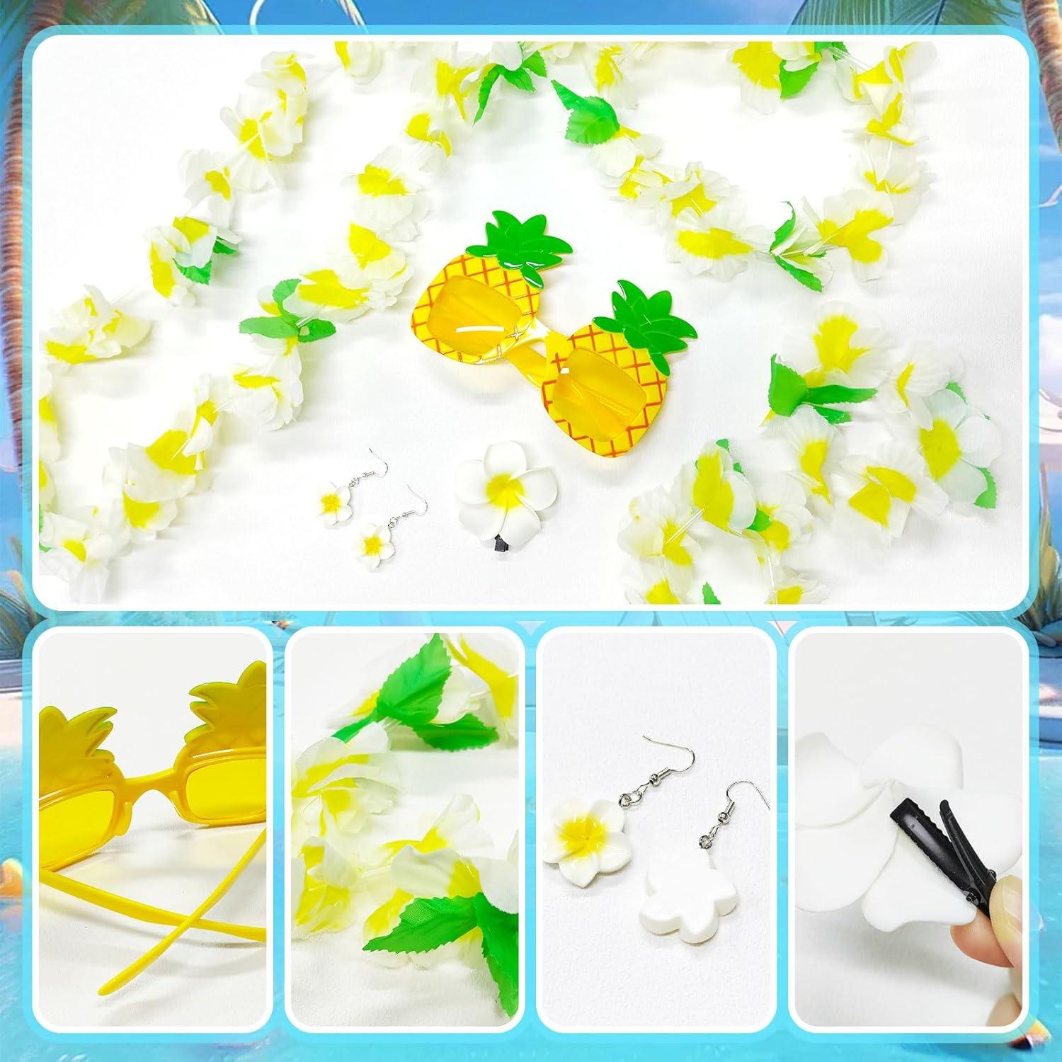 image6 Pices Accessoires Tenue Hawaienne Femme Deguisement Hawaenne Femme Collier Fleurs Hawaien Bracelets Lunettes de Soleil Bandeau Boucles doreilles pour Fte Hawai Tropicale Luau6 Pcs