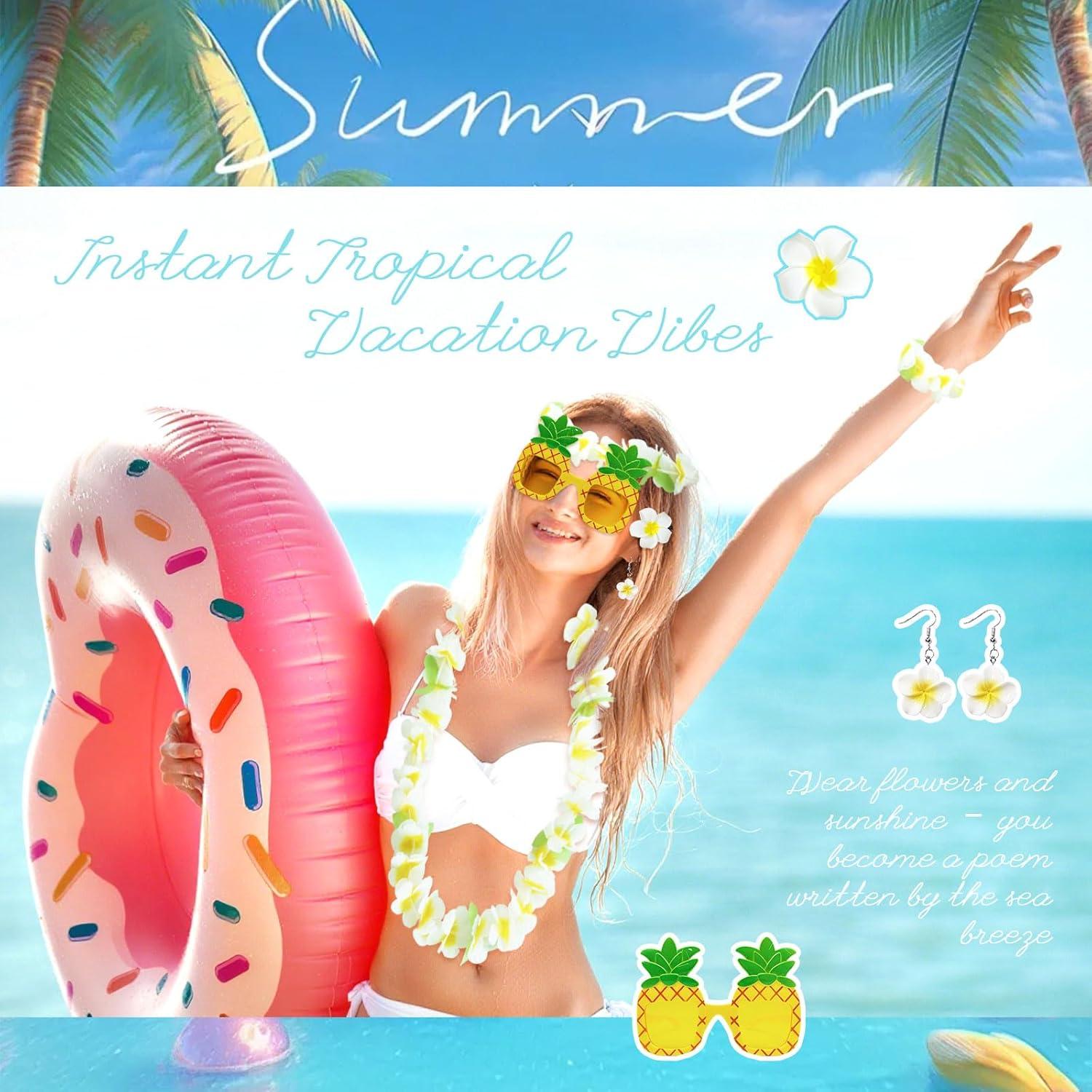 image6 Pices Accessoires Tenue Hawaienne Femme Deguisement Hawaenne Femme Collier Fleurs Hawaien Bracelets Lunettes de Soleil Bandeau Boucles doreilles pour Fte Hawai Tropicale Luau6 Pcs