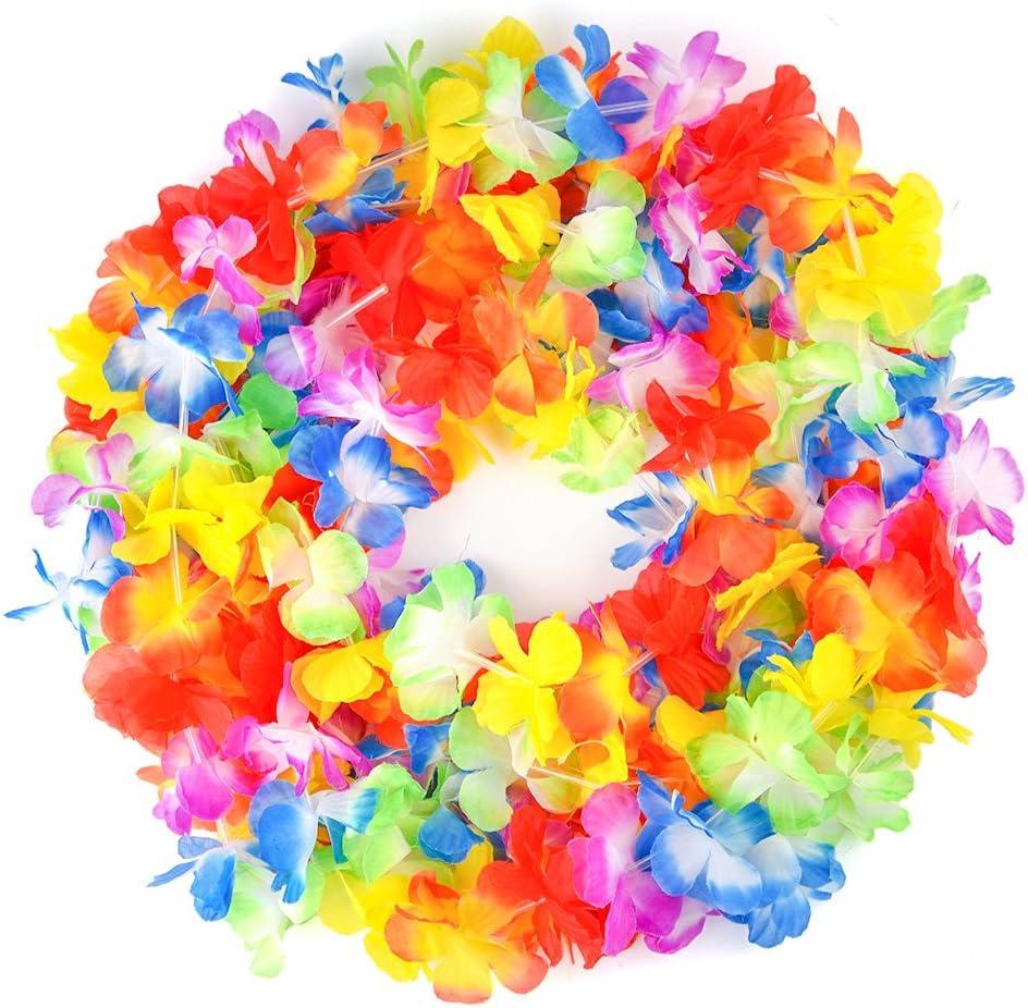 imageFEPITO 5 Ensemble 25 Pcs Herbe Hawaenne Hula Jupes Ensemble Inclure Fleur Leis Collier Bandeau Bracelets Luau Tropical Luau Fte Danniversaire FournituresLot de 5