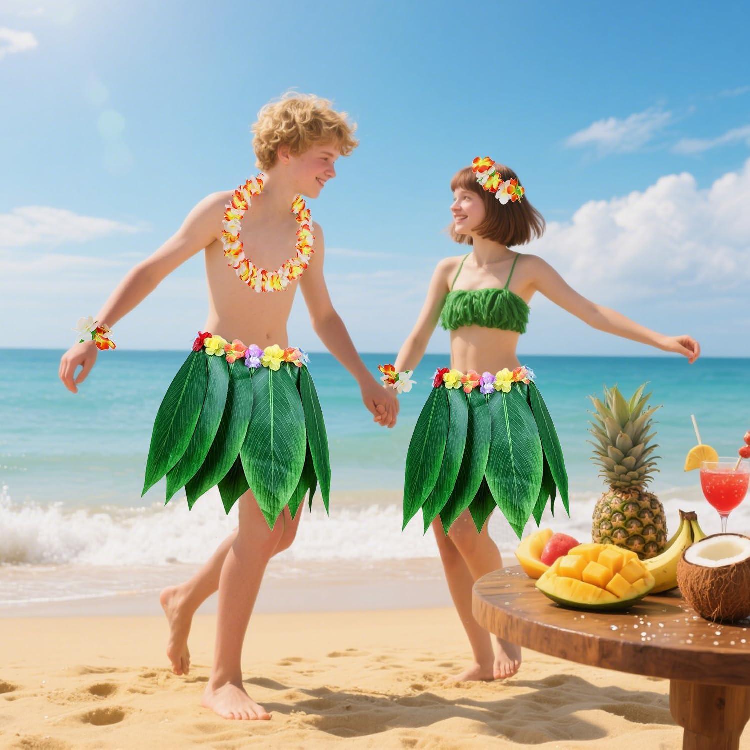 imageLot de 5 Feuille Hula Jupe et Hawaiian Leis Costume Hawaen de Fantaisie pour Plage Luau Party Modle 1Orange et Blanc