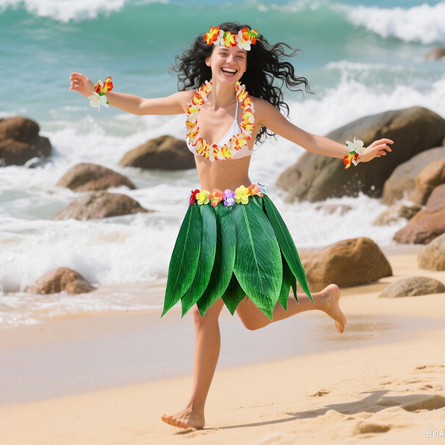 imageLot de 5 Feuille Hula Jupe et Hawaiian Leis Costume Hawaen de Fantaisie pour Plage Luau Party Modle 1Orange et Blanc