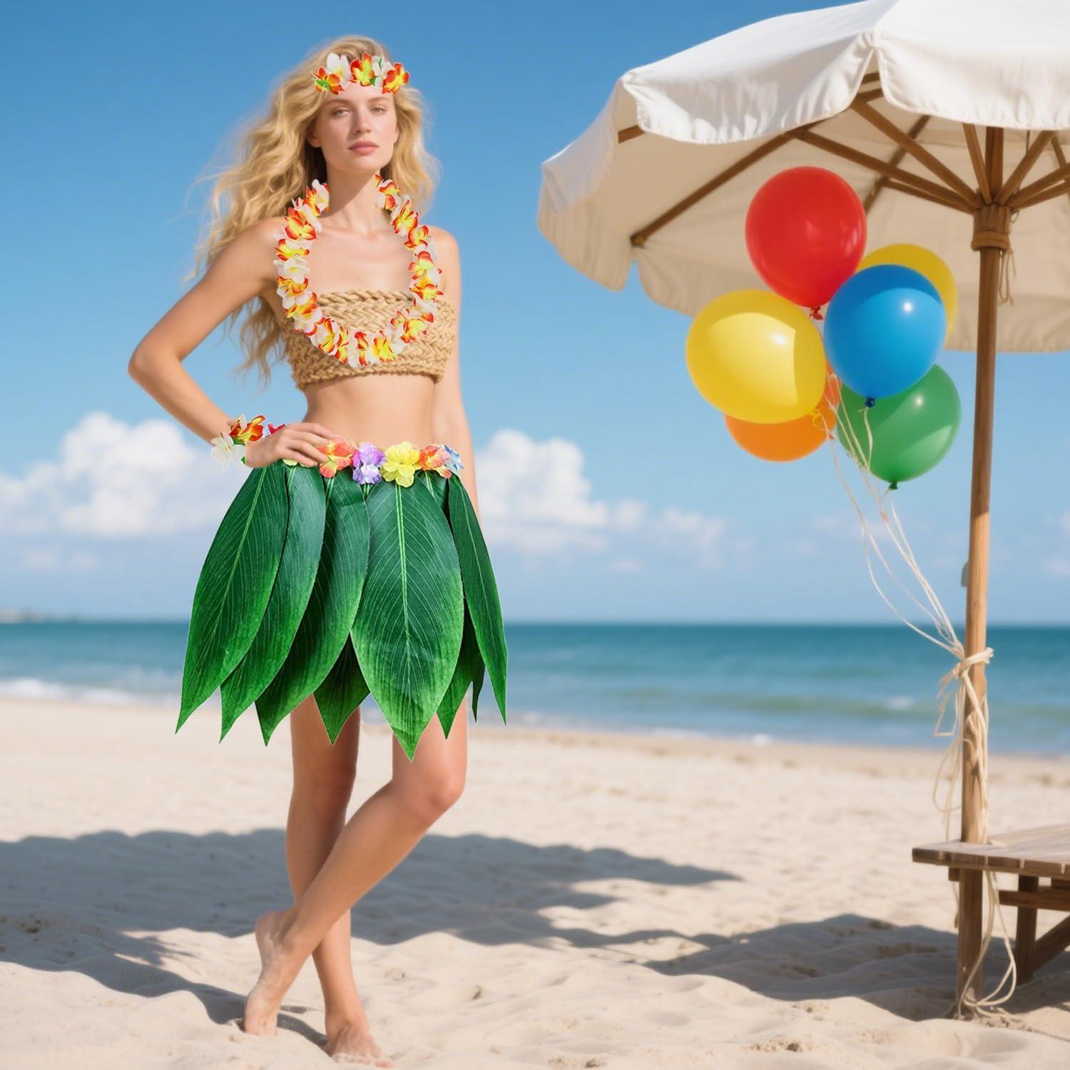 imageLot de 5 Feuille Hula Jupe et Hawaiian Leis Costume Hawaen de Fantaisie pour Plage Luau Party Modle 1Orange et Blanc