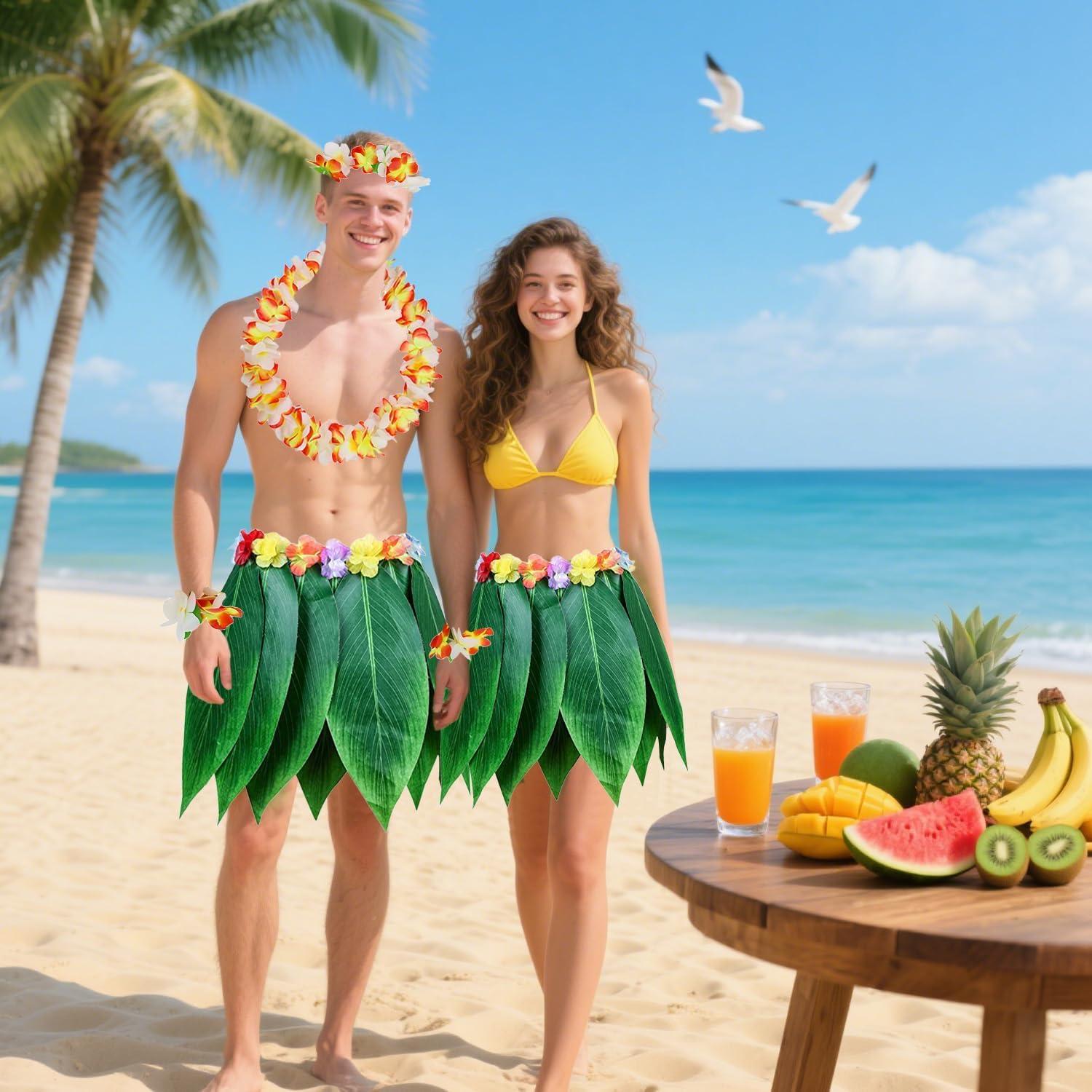 imageLot de 5 Feuille Hula Jupe et Hawaiian Leis Costume Hawaen de Fantaisie pour Plage Luau Party Modle 1Orange et Blanc