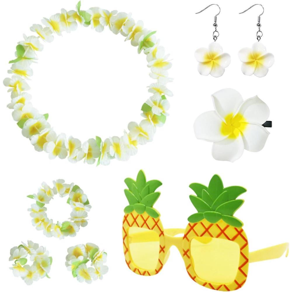 image6 Pices Accessoires Tenue Hawaienne Femme Deguisement Hawaenne Femme Collier Fleurs Hawaien Bracelets Lunettes de Soleil Bandeau Boucles doreilles pour Fte Hawai Tropicale Luau6 Pcs