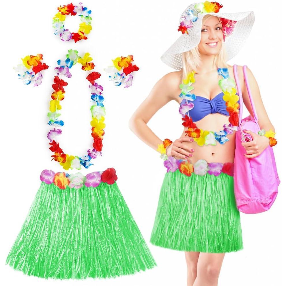 imageAomig Jupe Hawaenne 4060cm Set de Jupe Hawaenne en Paille avec Collier de Fleurs Costume Hawaen Jupe de Hula Dcoration de Fte dt Plage Accessoire de Fte Tropicale LuauVert  40cm