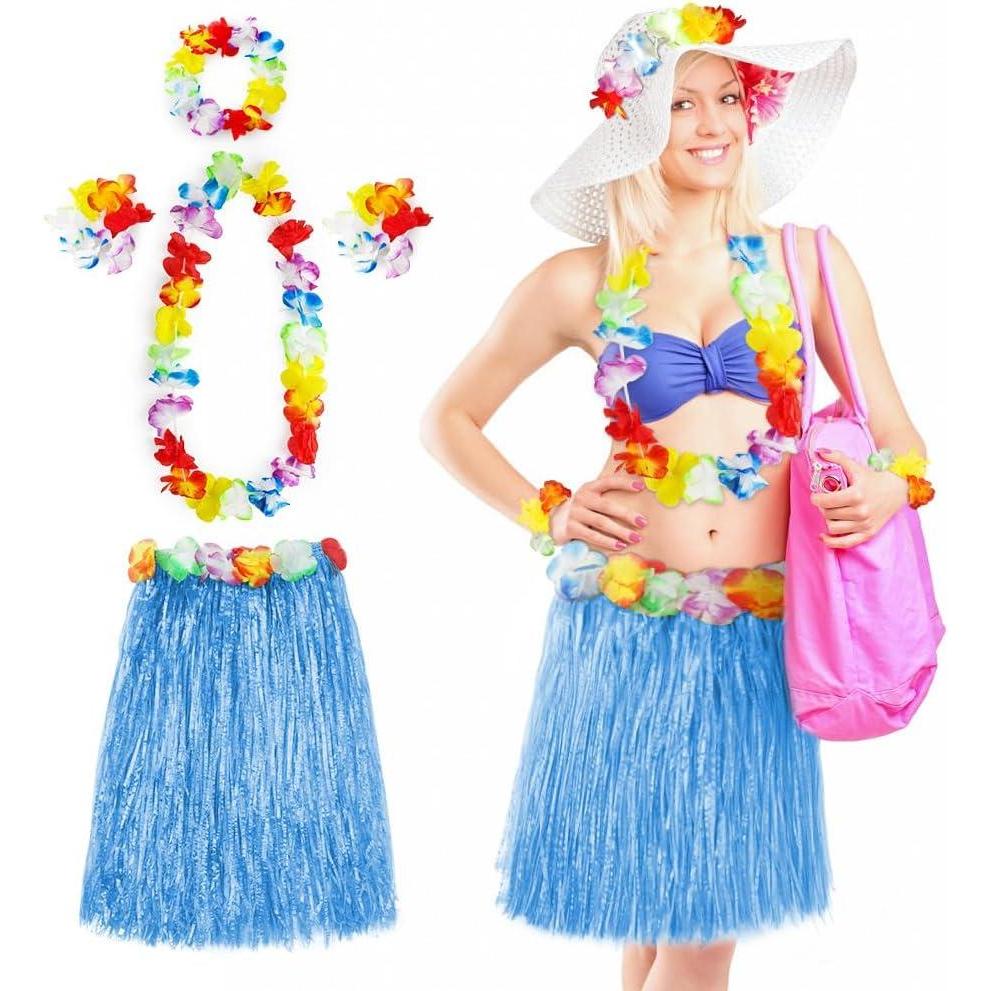 imageAomig Jupe Hawaenne 4060cm Set de Jupe Hawaenne en Paille avec Collier de Fleurs Costume Hawaen Jupe de Hula Dcoration de Fte dt Plage Accessoire de Fte Tropicale LuauBleu  60cm