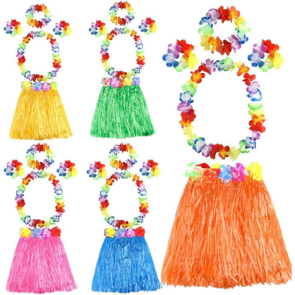 imageFEPITO 5 Ensemble 25 Pcs Herbe Hawaenne Hula Jupes Ensemble Inclure Fleur Leis Collier Bandeau Bracelets Luau Tropical Luau Fte Danniversaire FournituresLot de 5